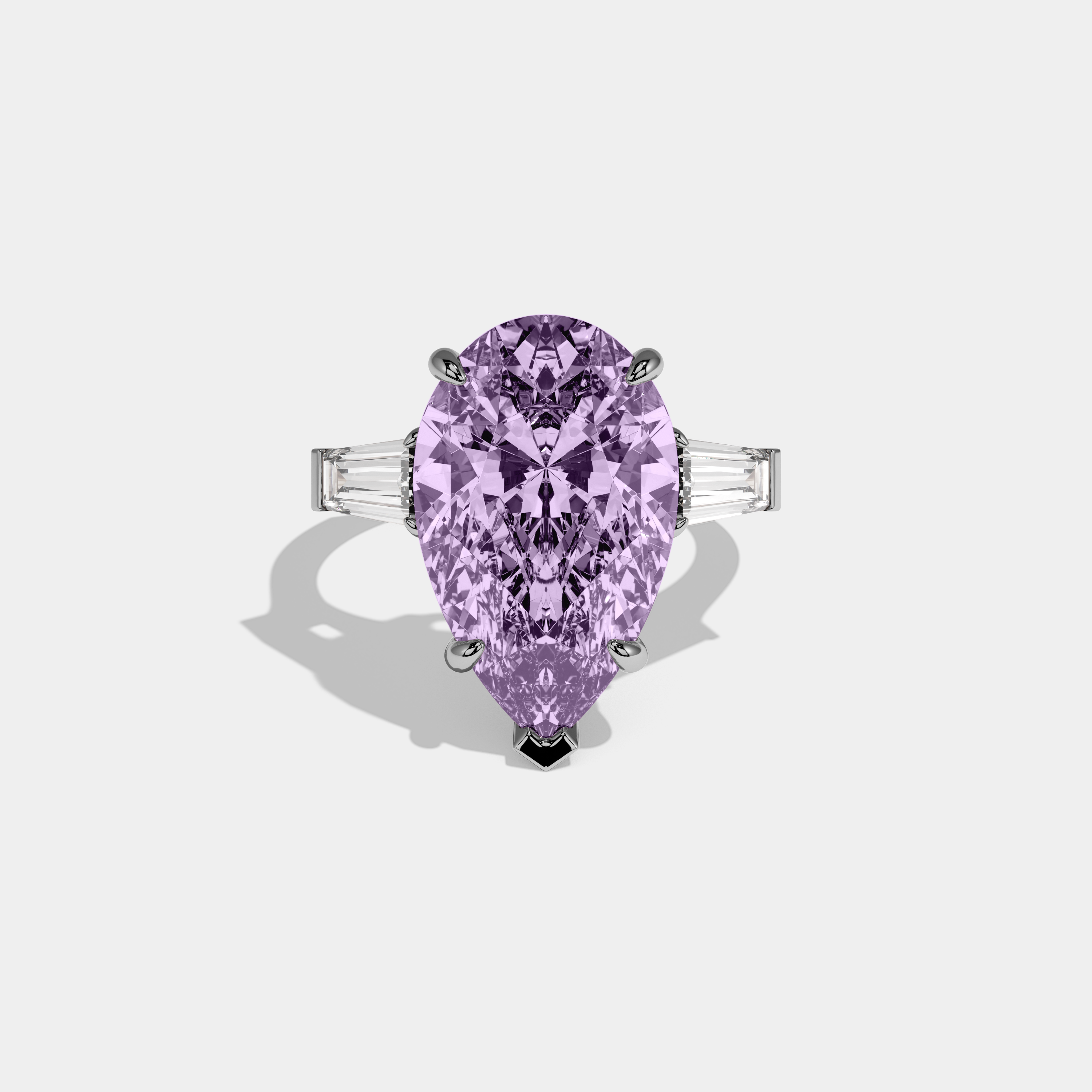 Elizabeth Fancy Purple Pear Cut Diamond Plain Band With Baguette Cut Sides Engagement Ring 8ct 18k White Gold