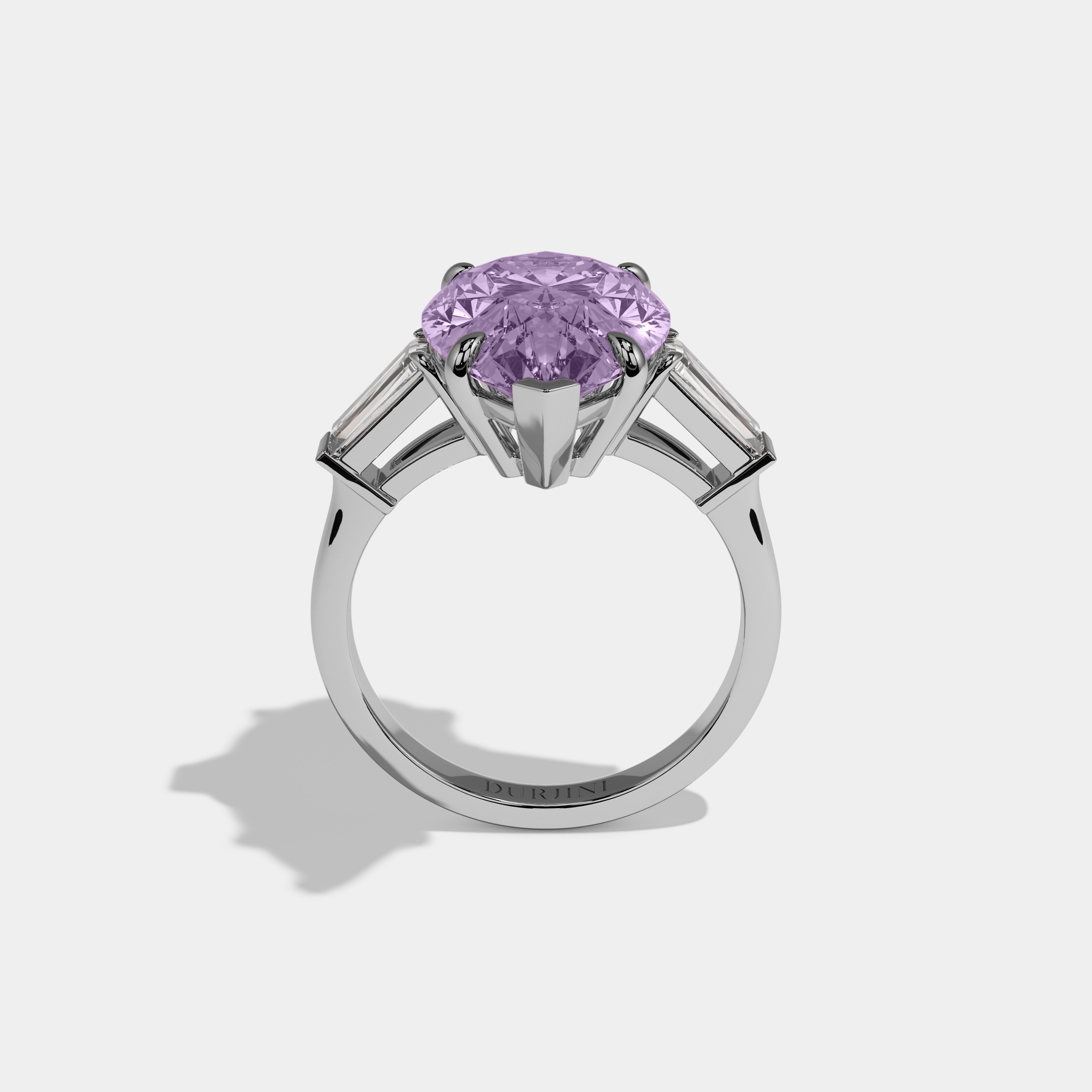 Elizabeth Fancy Purple Pear Cut Diamond Plain Band With Baguette Cut Sides Engagement Ring 8ct 18k White Gold