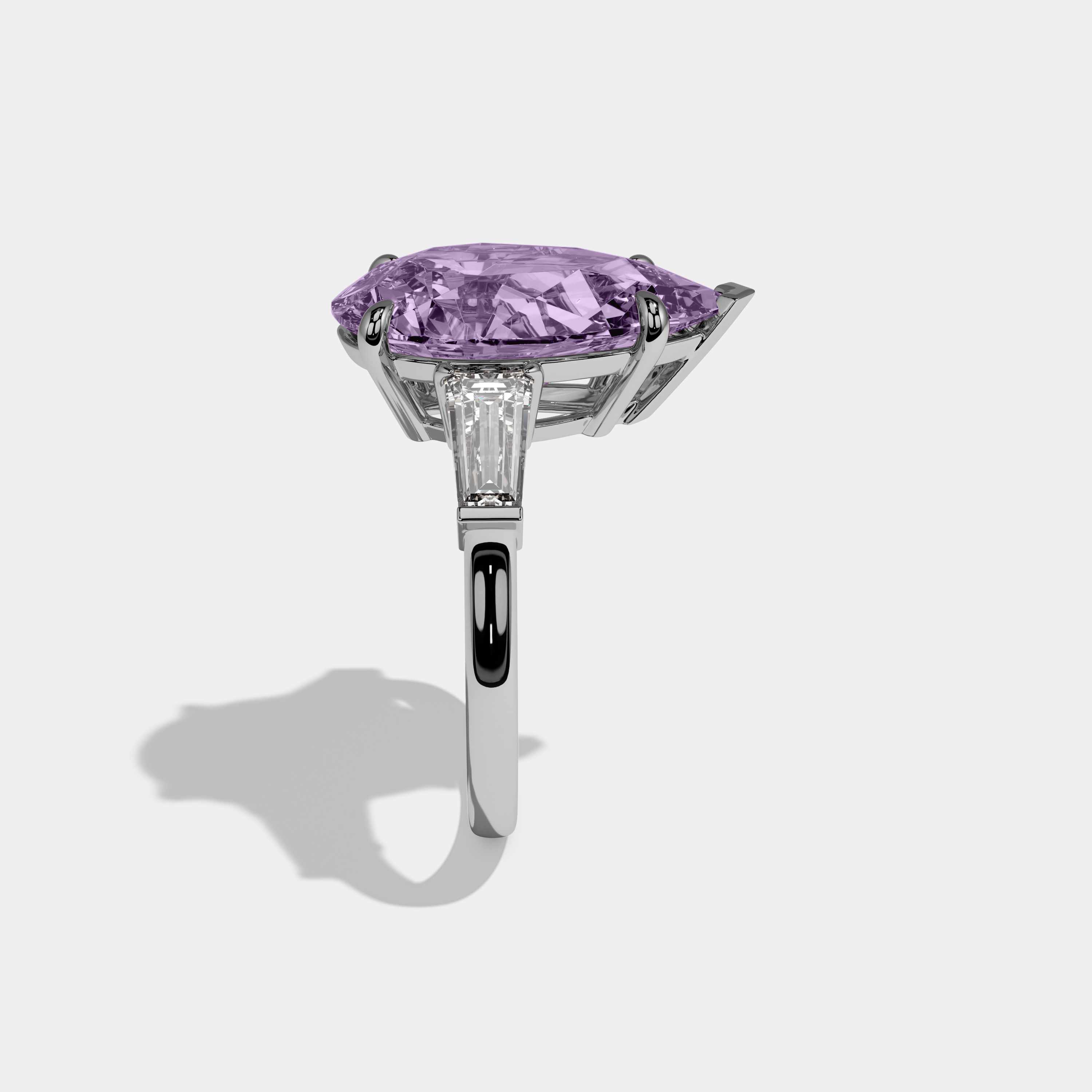 Elizabeth Fancy Purple Pear Cut Diamond Plain Band With Baguette Cut Sides Engagement Ring 8ct 18k White Gold