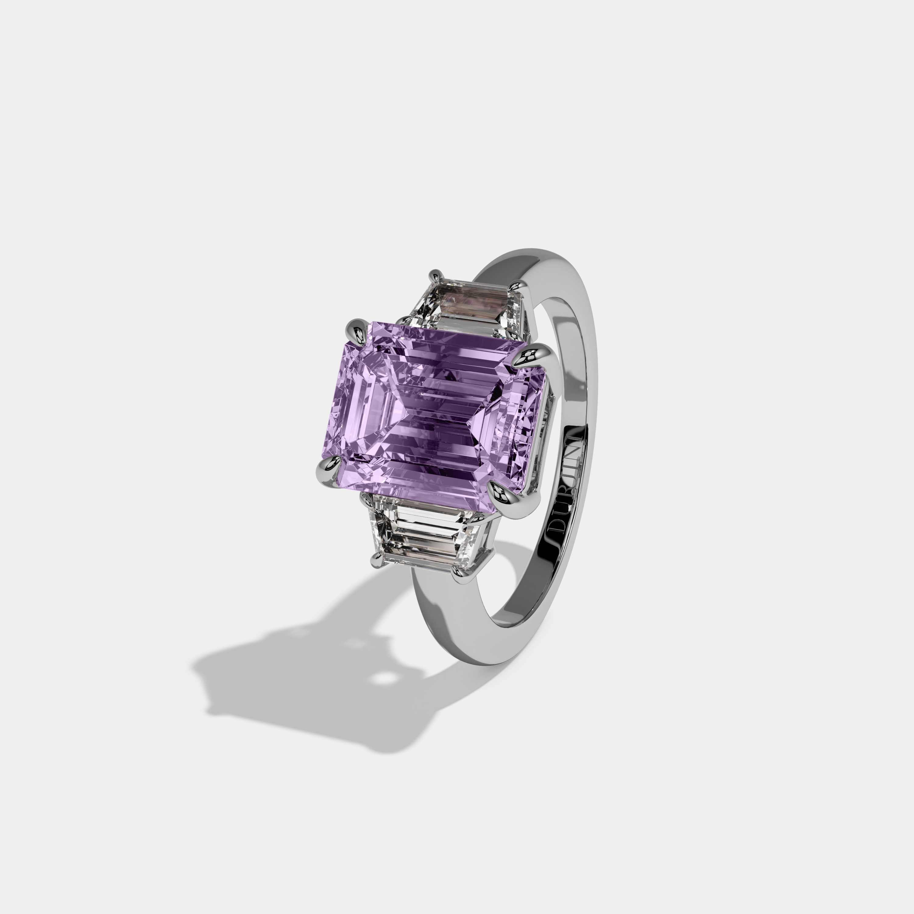 Elizabeth Fancy Purple Emerald Cut Diamond Plain Band With Step Cut Sides Engagement Ring 8ct 18k White Gold