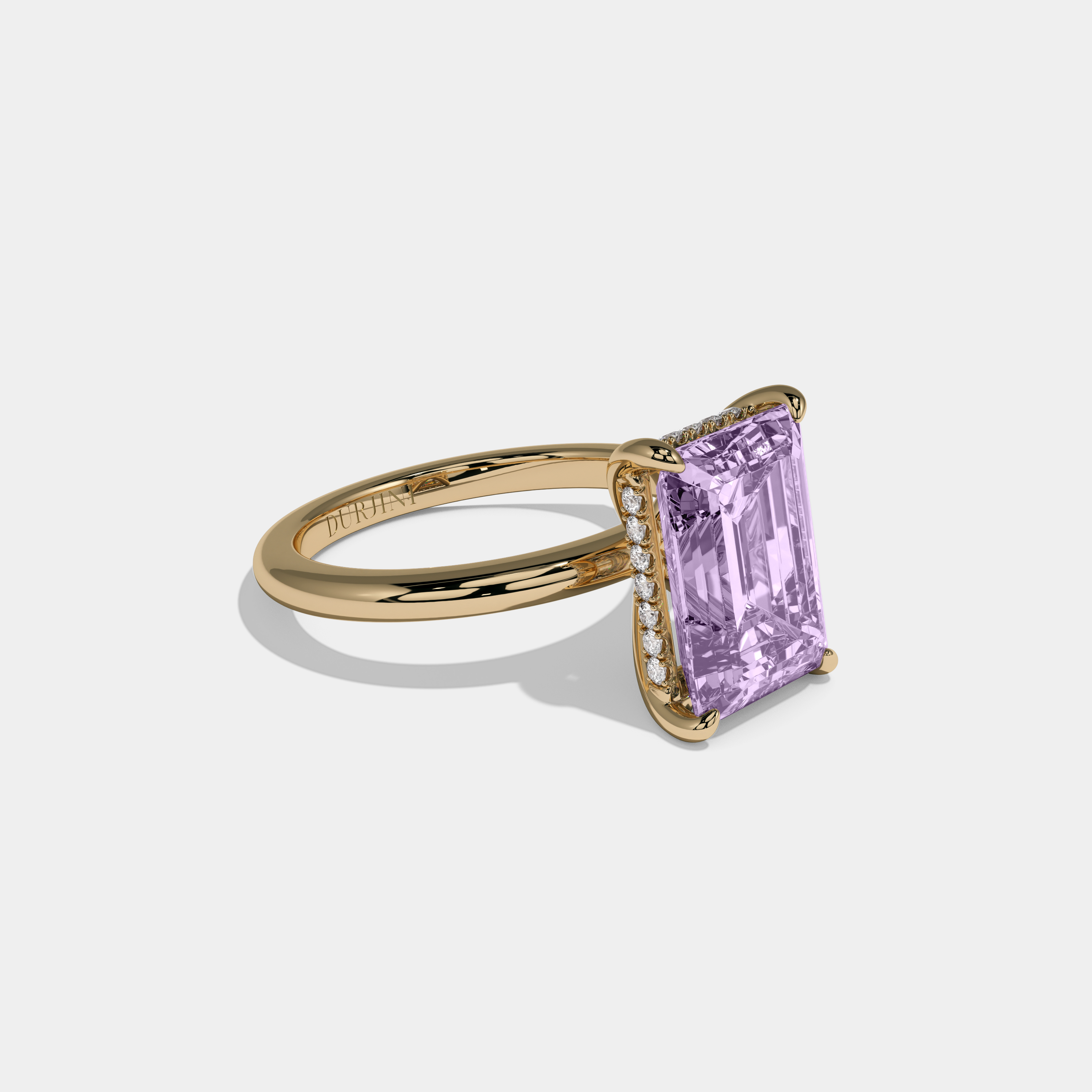 Catherine Fancy Purple Emerald Cut Diamond Plain Band Engagement Ring 6.5ct 18K Yellow Gold