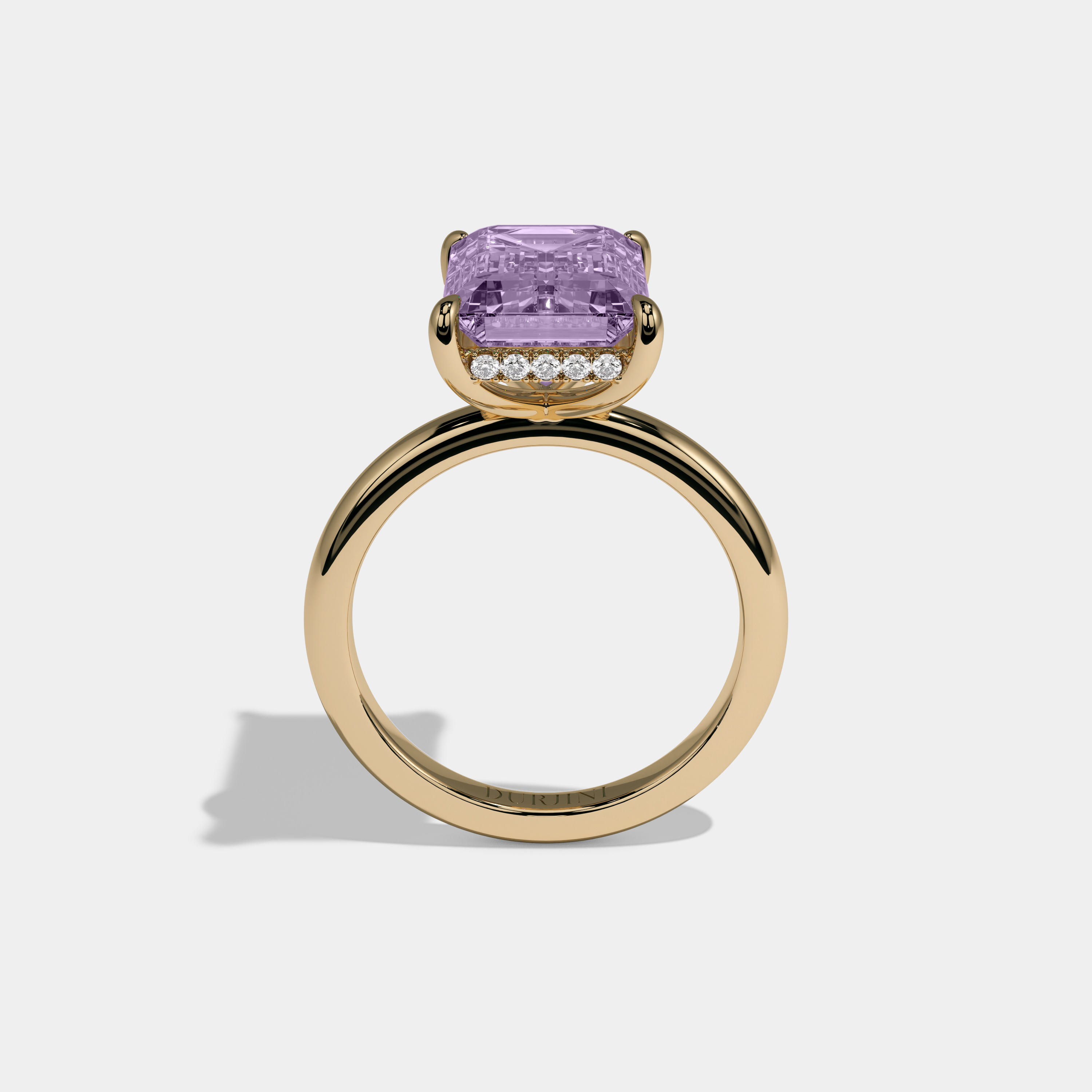Catherine Fancy Purple Emerald Cut Diamond Plain Band Engagement Ring 6.5ct 18K Yellow Gold