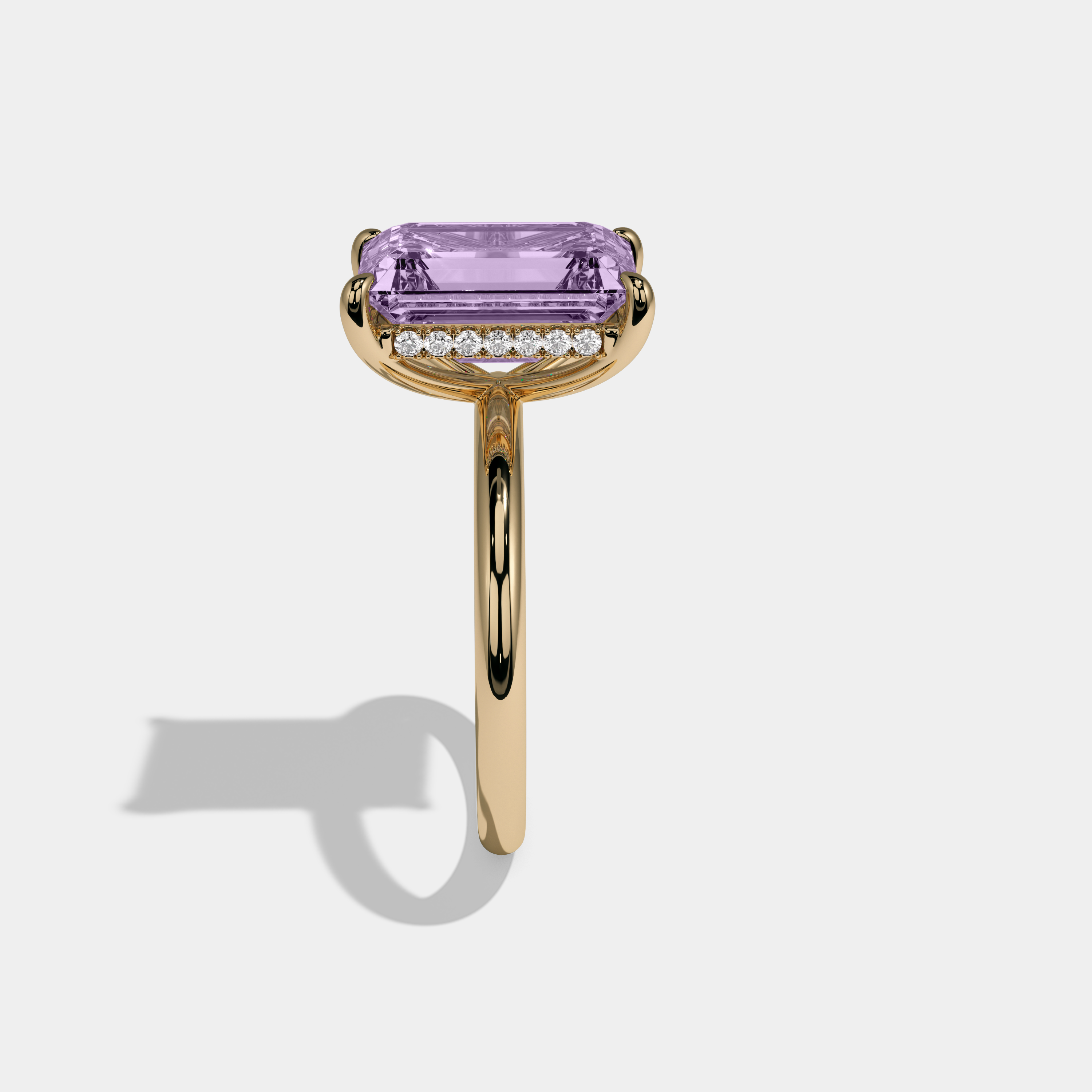 Catherine Fancy Purple Emerald Cut Diamond Plain Band Engagement Ring 6.5ct 18K Yellow Gold