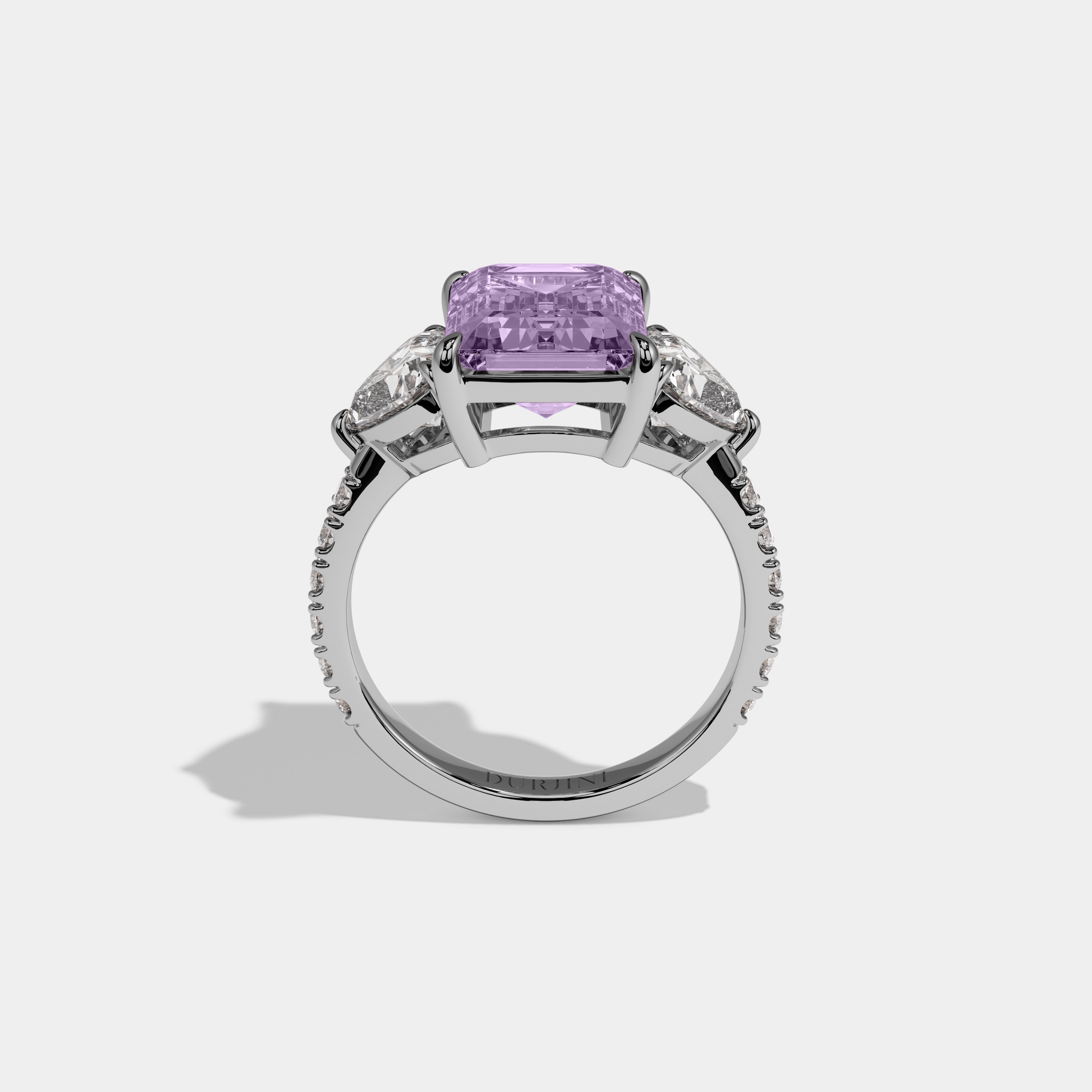 Matilda Fancy Purple Emerald Cut Diamond Band With Heart Cut Sides Engagement Ring 8ct 18K White Gold