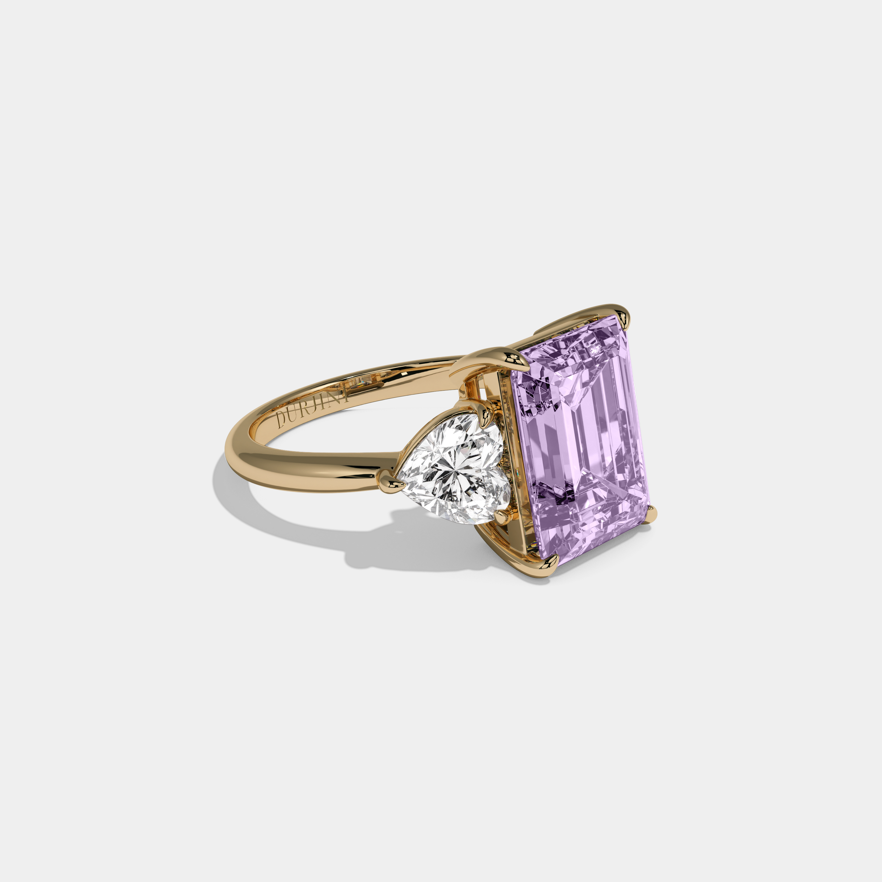 Eugenie Fancy Purple Emerald Cut Diamond Plain Band With Heart Cut Sides Engagement Ring 8ct 18K Yellow Gold