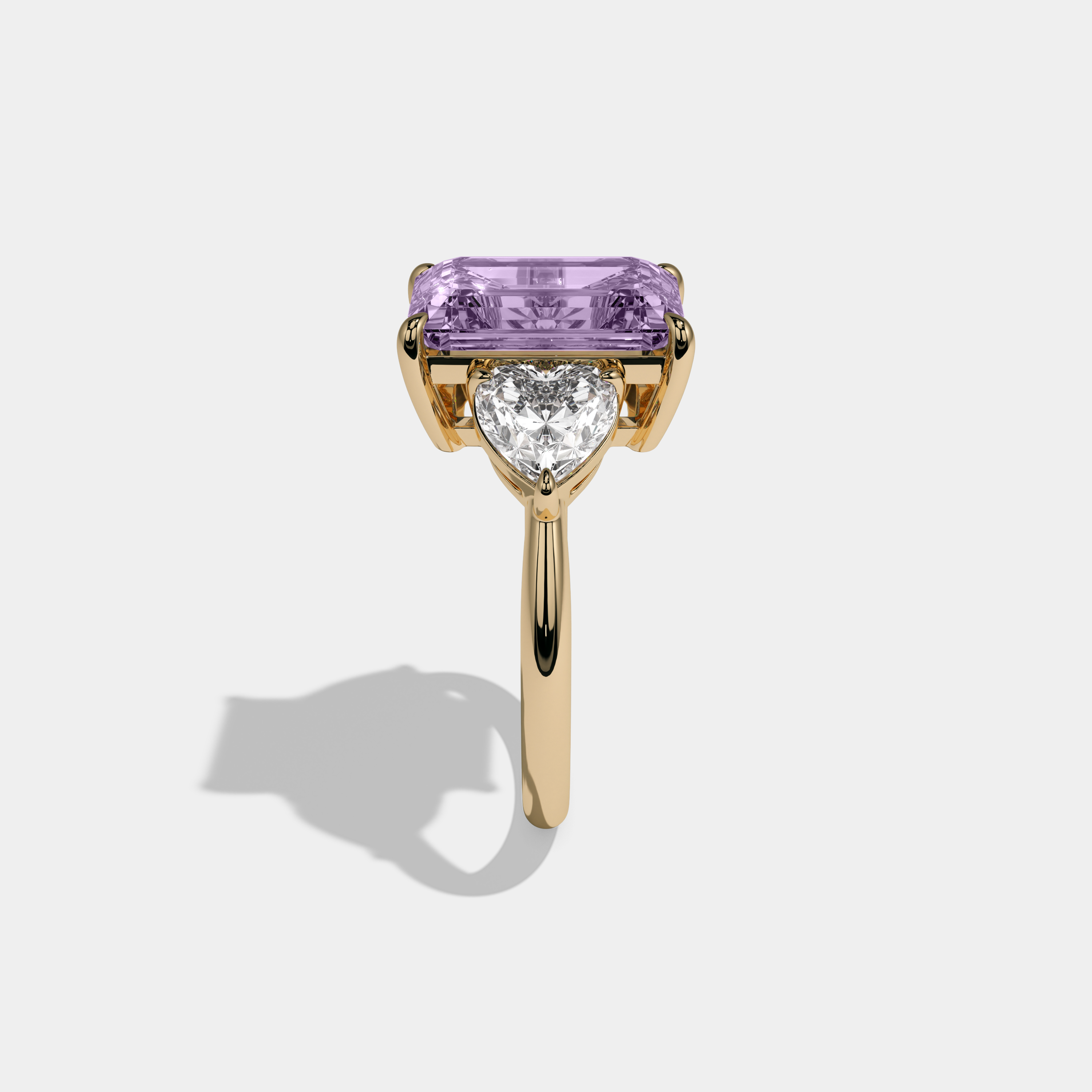 Eugenie Fancy Purple Emerald Cut Diamond Plain Band With Heart Cut Sides Engagement Ring 8ct 18K Yellow Gold