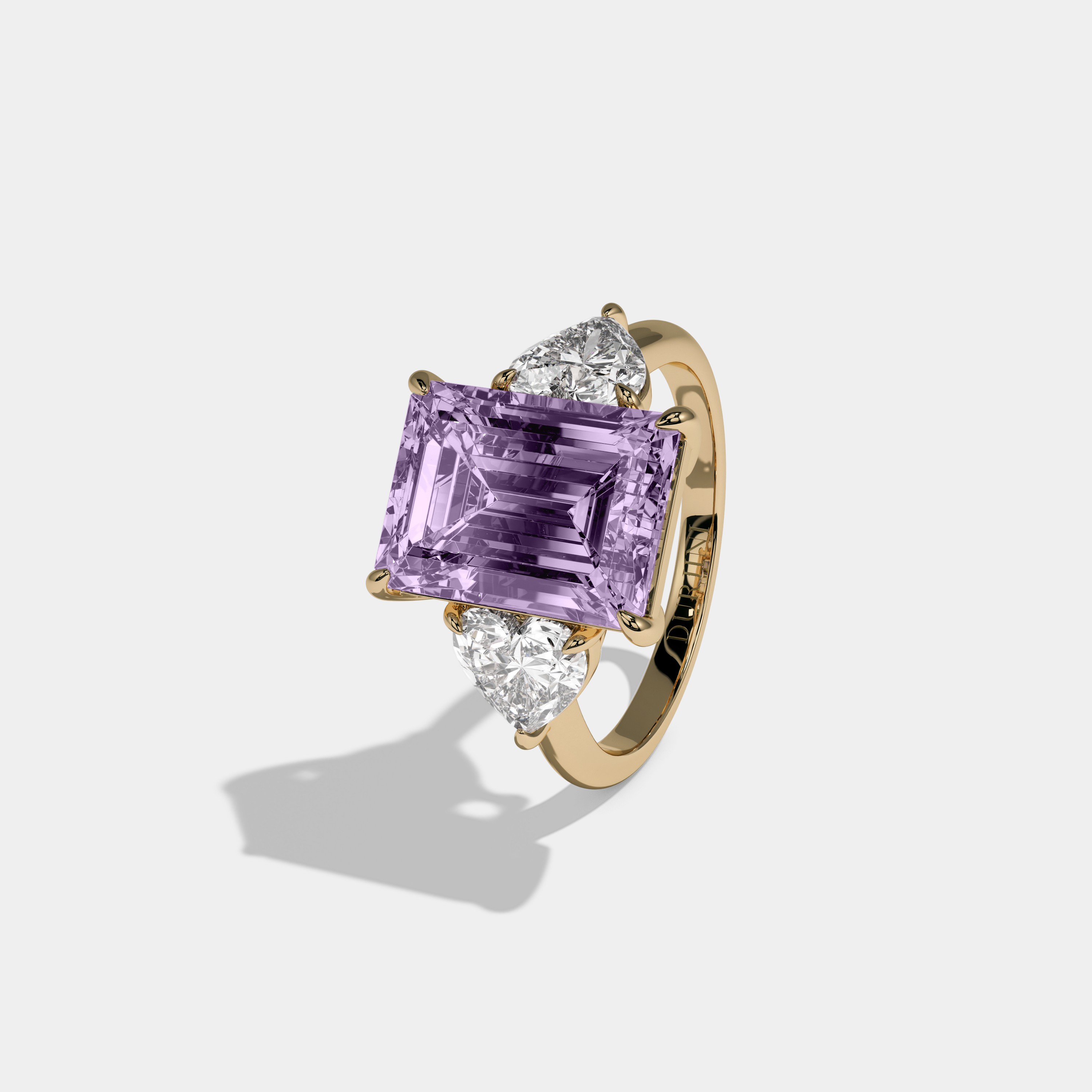 Eugenie Fancy Purple Emerald Cut Diamond Plain Band With Heart Cut Sides Engagement Ring 8ct 18K Yellow Gold