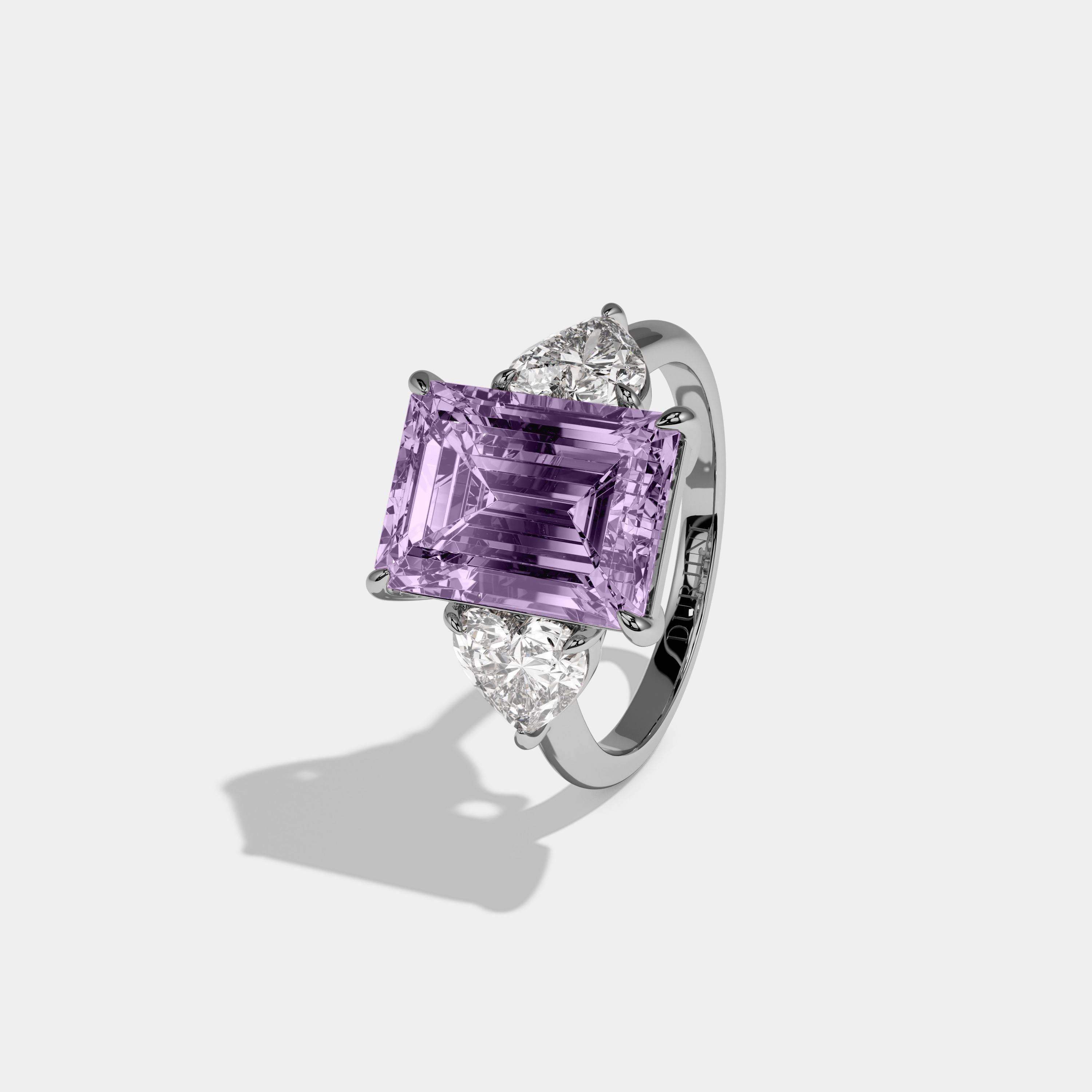 Matilda Fancy Purple Emerald Cut Diamond Plain Band With Heart Cut Sides Engagement Ring 8ct 18K White Gold