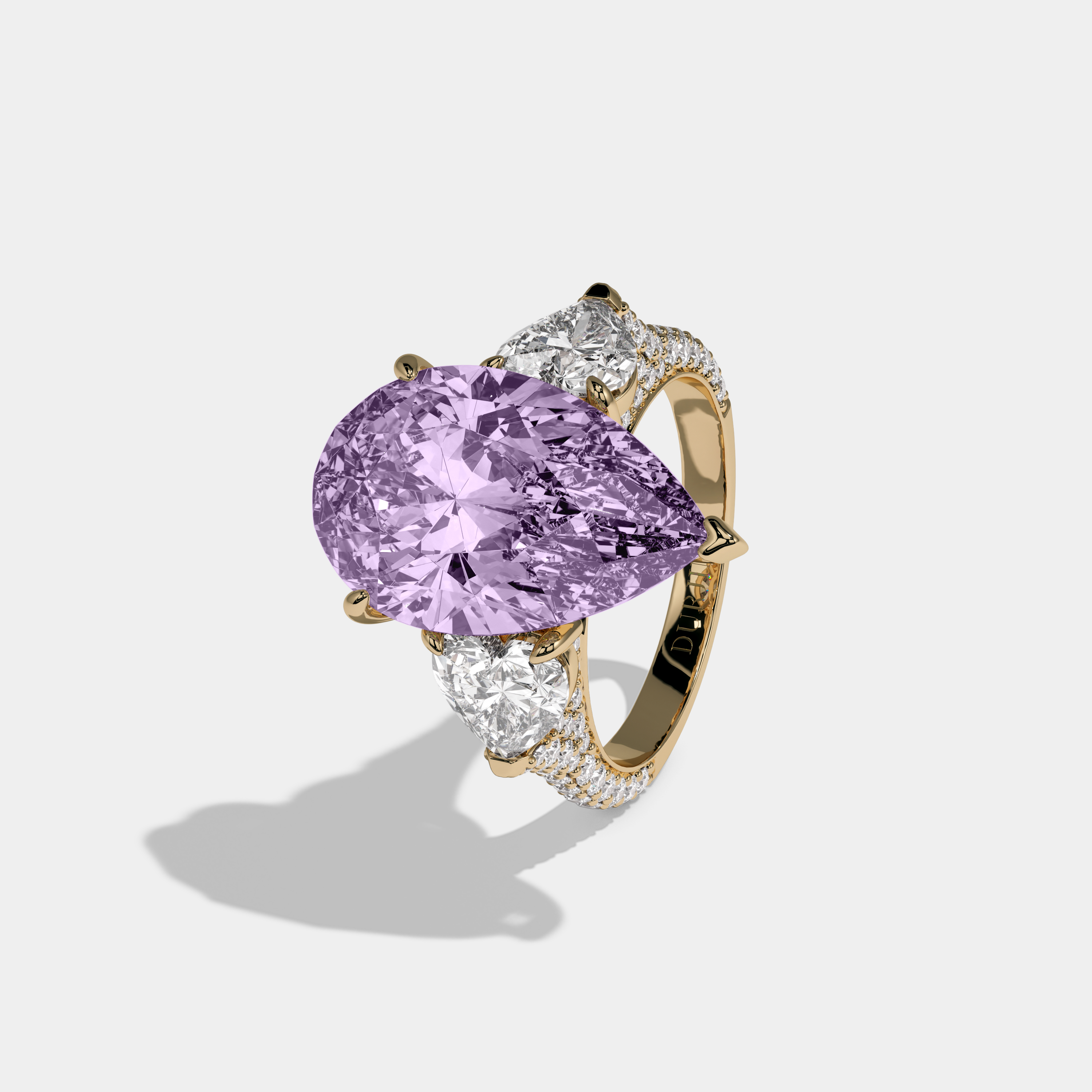 Catherine Fancy Purple Pear Cut Diamond Band With Heart Cut Sides Engagement Ring 9ct 18K Yellow Gold