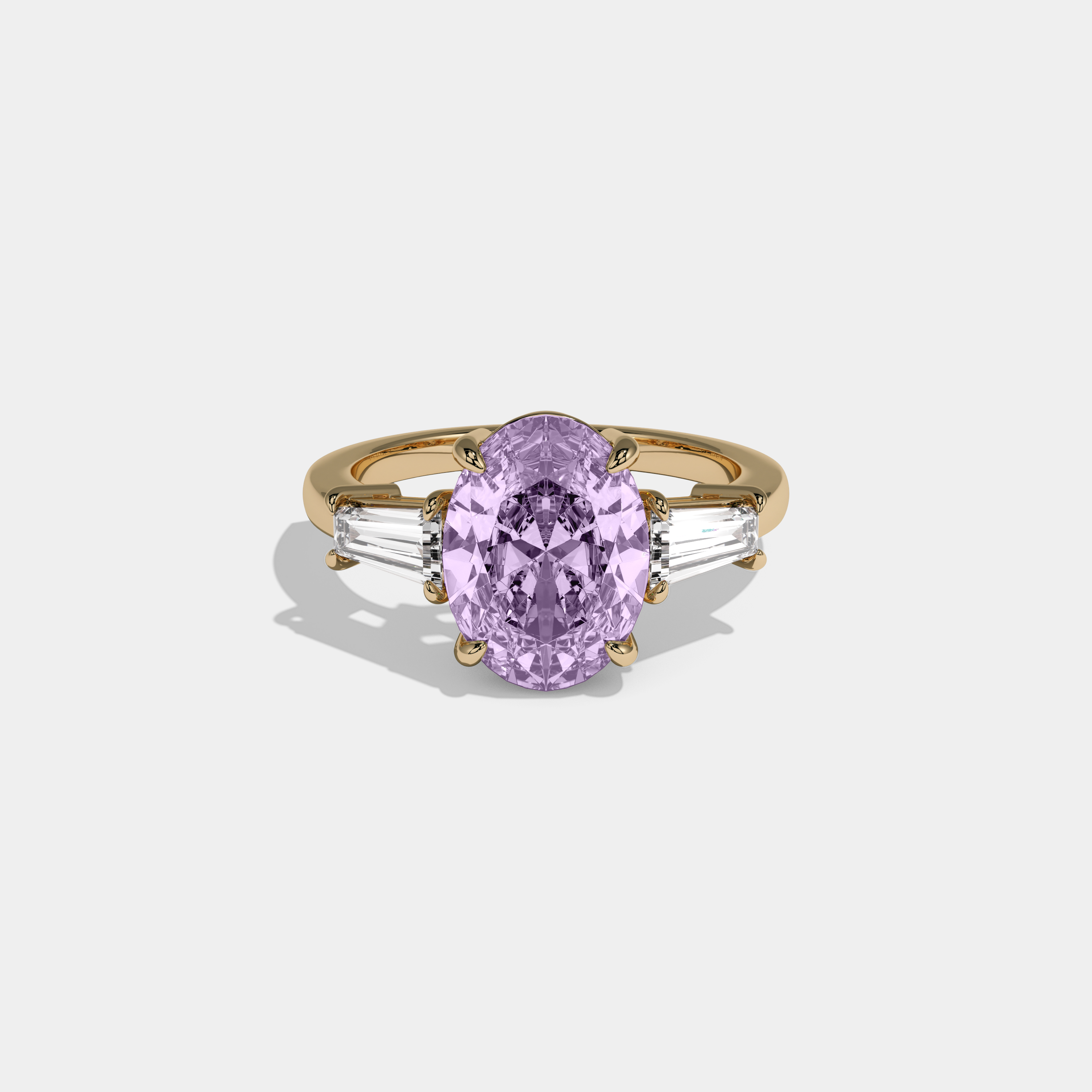 Eugenie Fancy Purple Oval Cut Diamond Plain Band Engagement Ring With Baguette Cut Sides 6ct 18K Yellow Gold