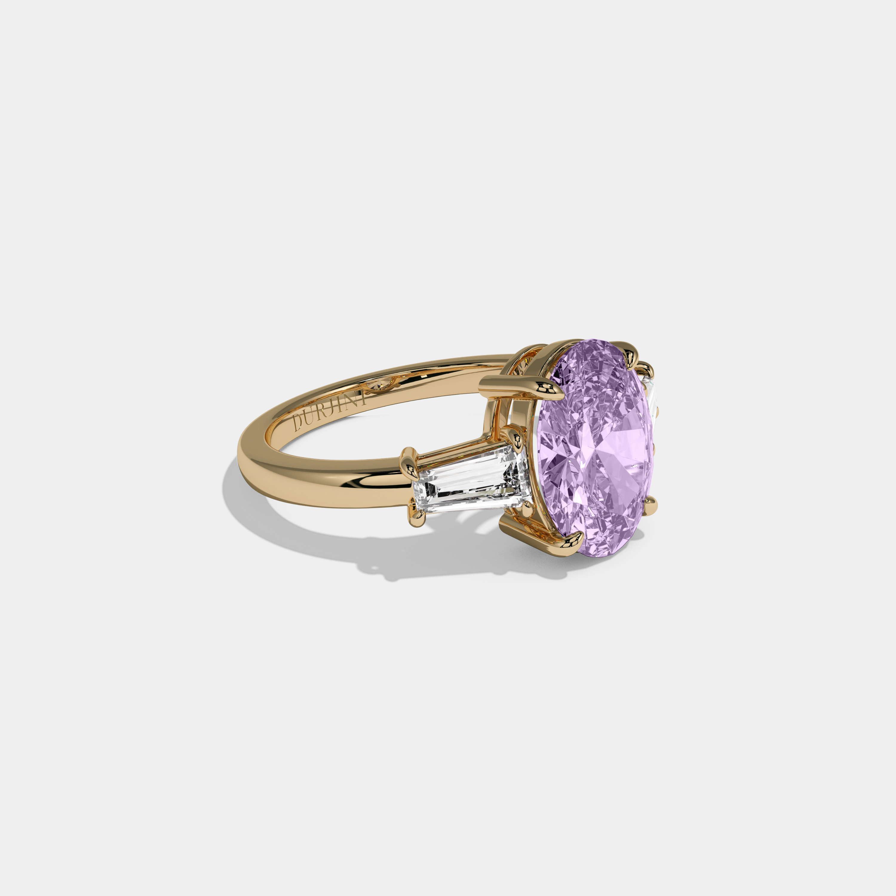 Eugenie Fancy Purple Oval Cut Diamond Plain Band Engagement Ring With Baguette Cut Sides 6ct 18K Yellow Gold