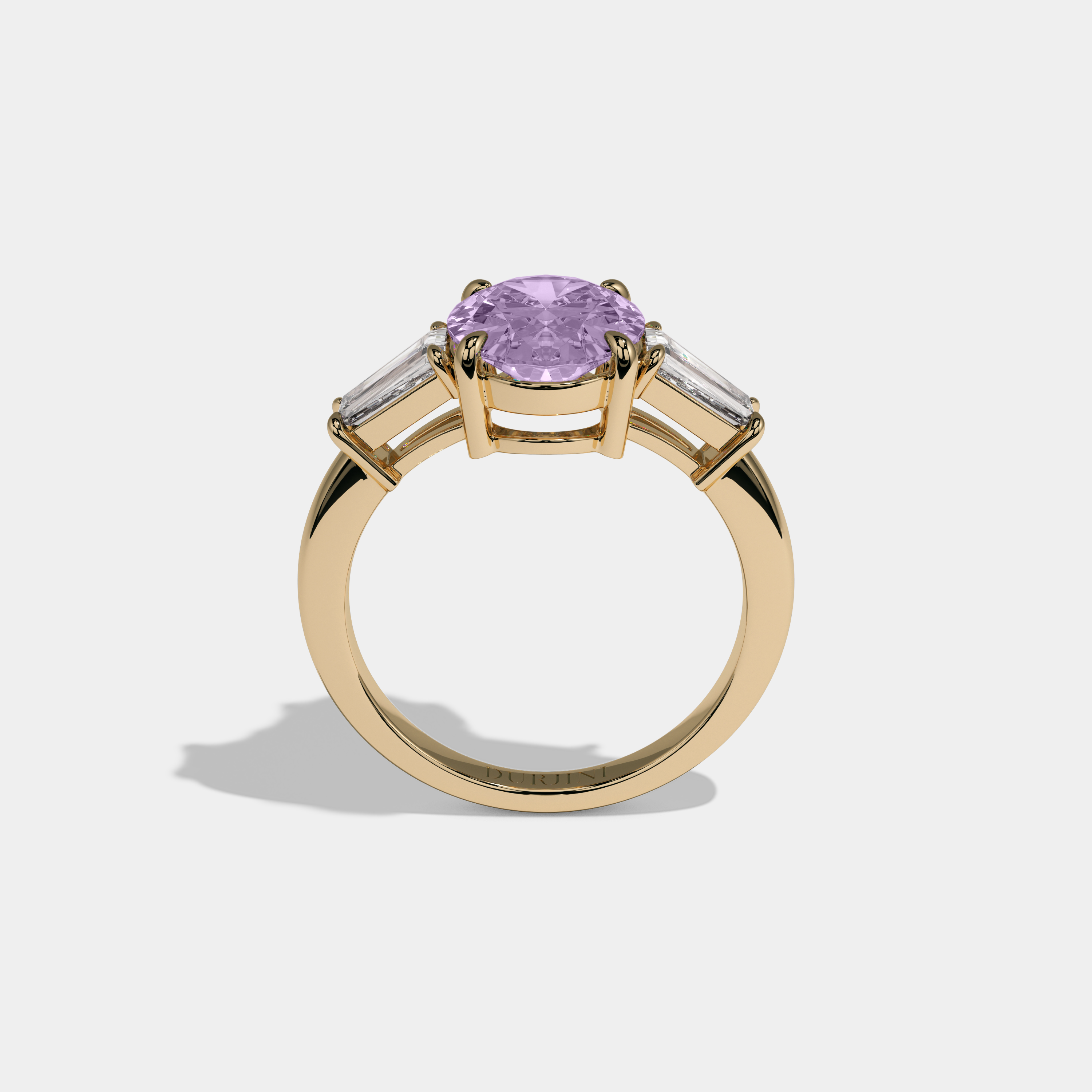 Eugenie Fancy Purple Oval Cut Diamond Plain Band Engagement Ring With Baguette Cut Sides 6ct 18K Yellow Gold