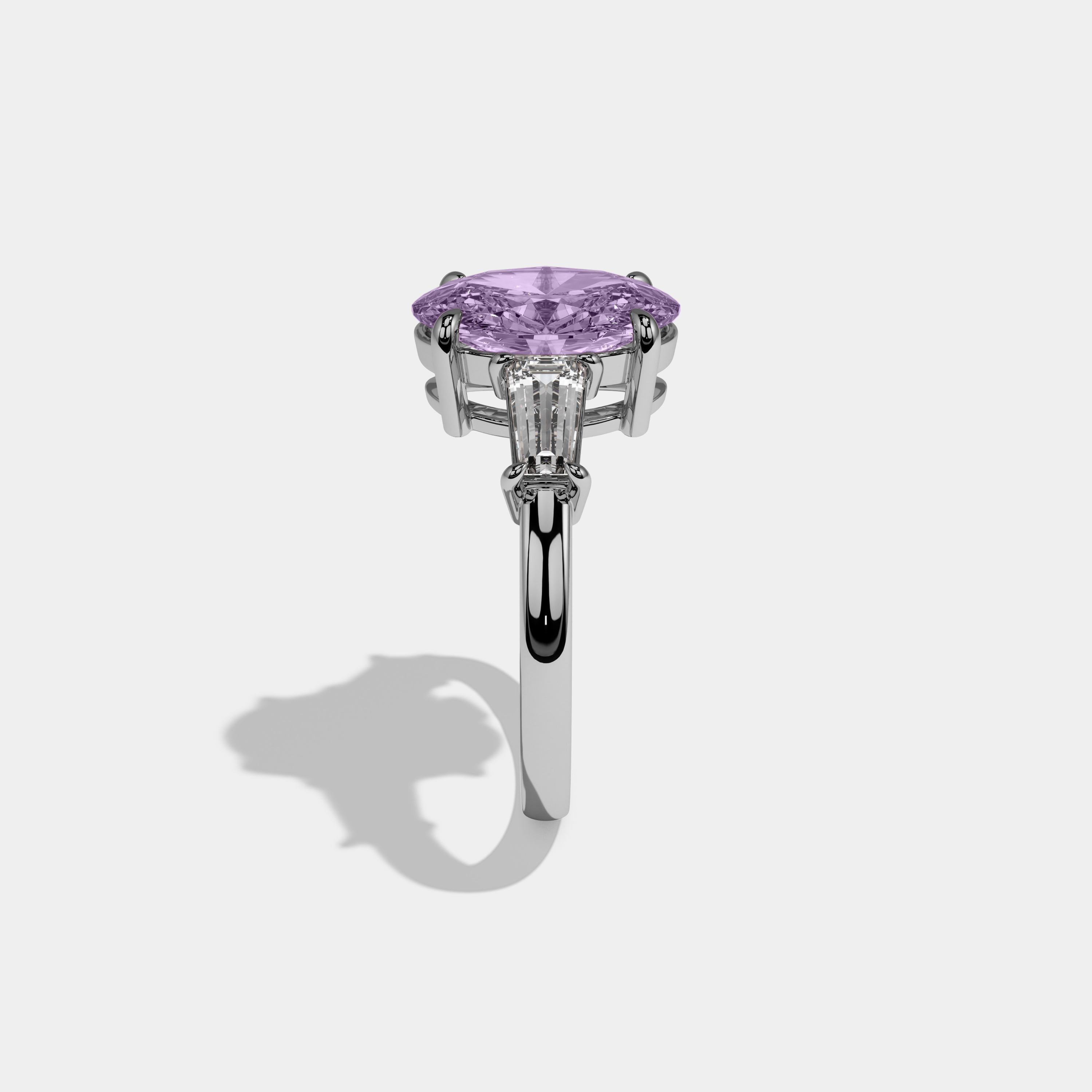Matilda Fancy Purple Oval Cut Diamond Plain Band Engagement Ring With Baguette Cut Sides 6ct 18K White Gold