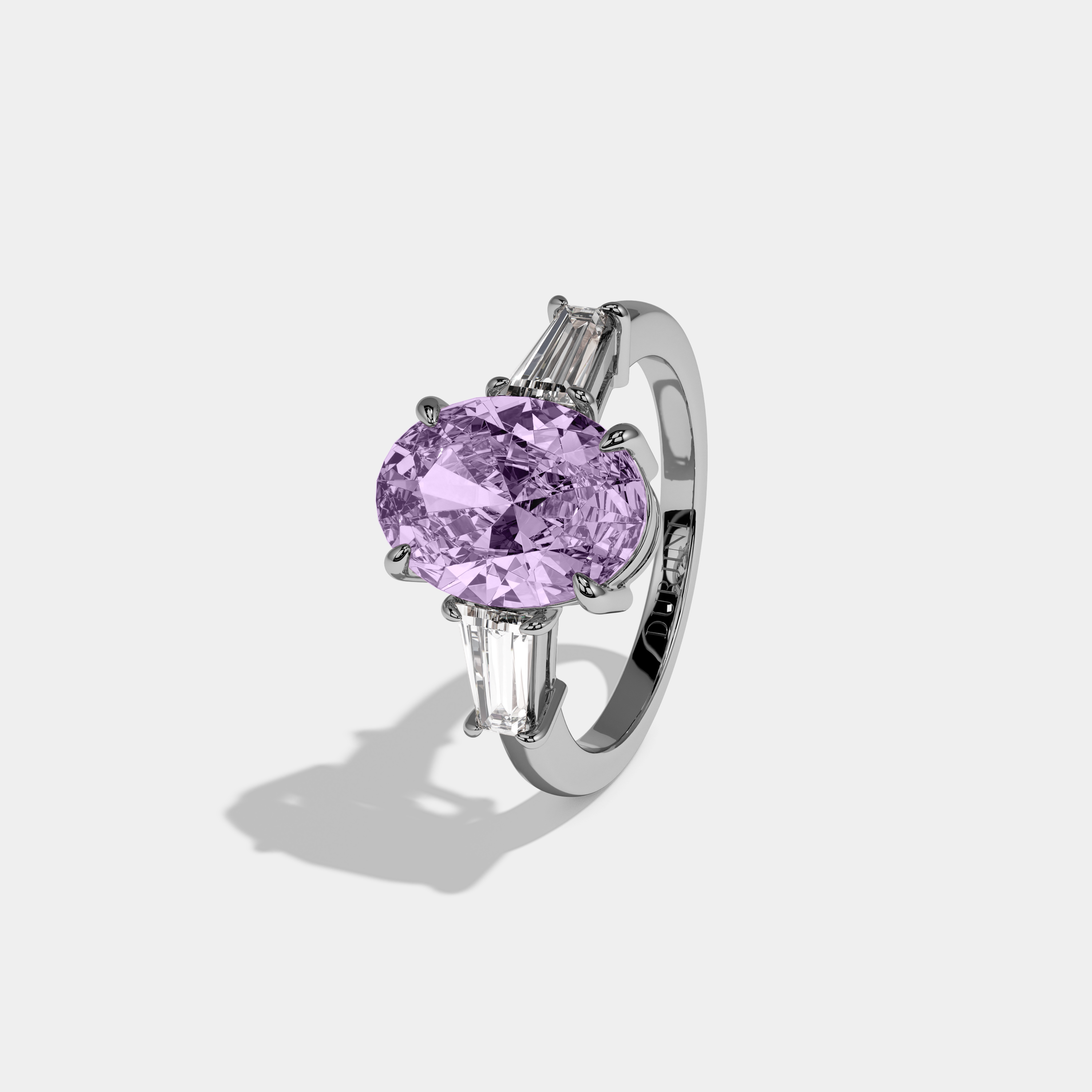 Matilda Fancy Purple Oval Cut Diamond Plain Band Engagement Ring With Baguette Cut Sides 6ct 18K White Gold