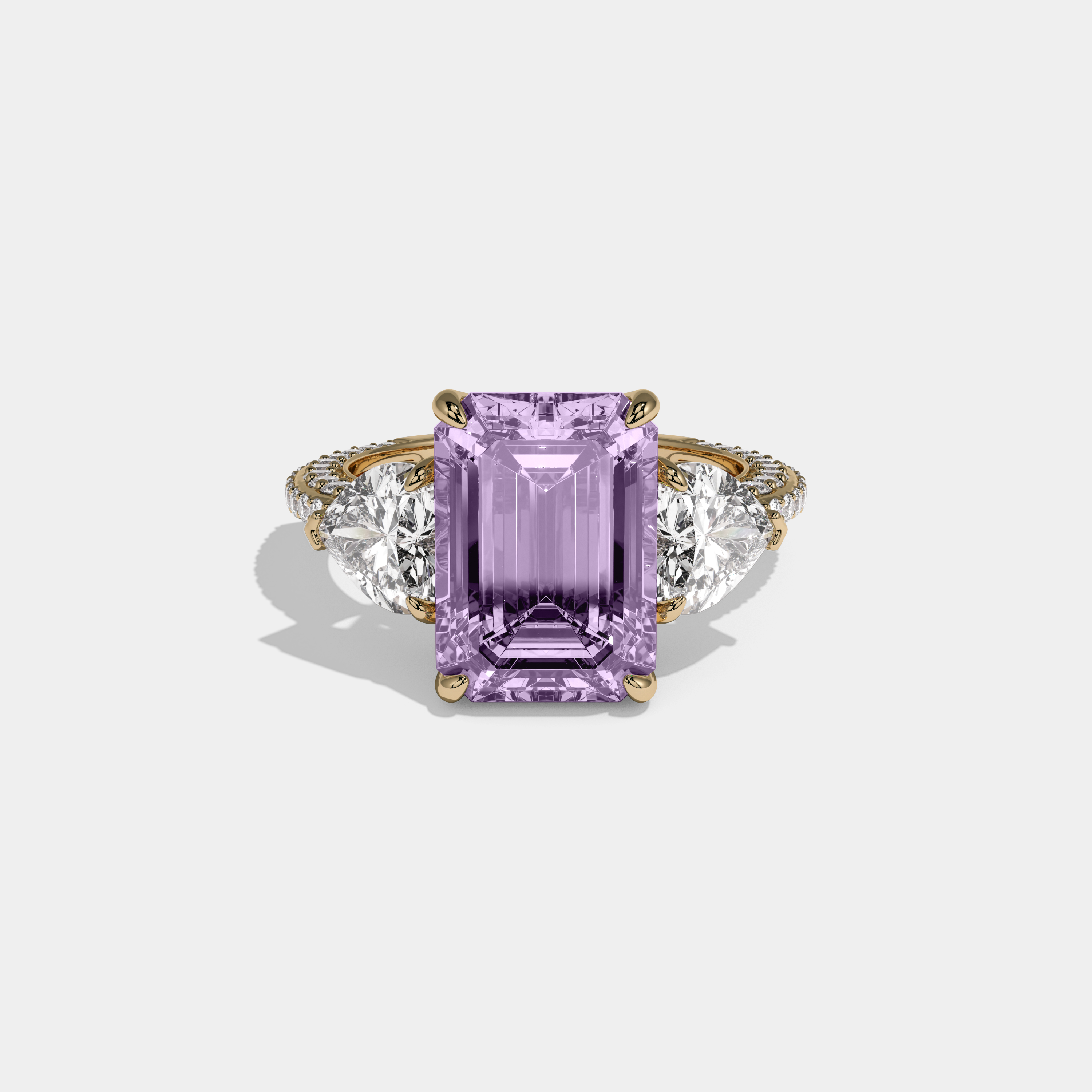 Eugenie Fancy Purple Emerald Cut Diamond Band With Heart Cut Sides Engagement Ring 8ct 18K Yellow Gold