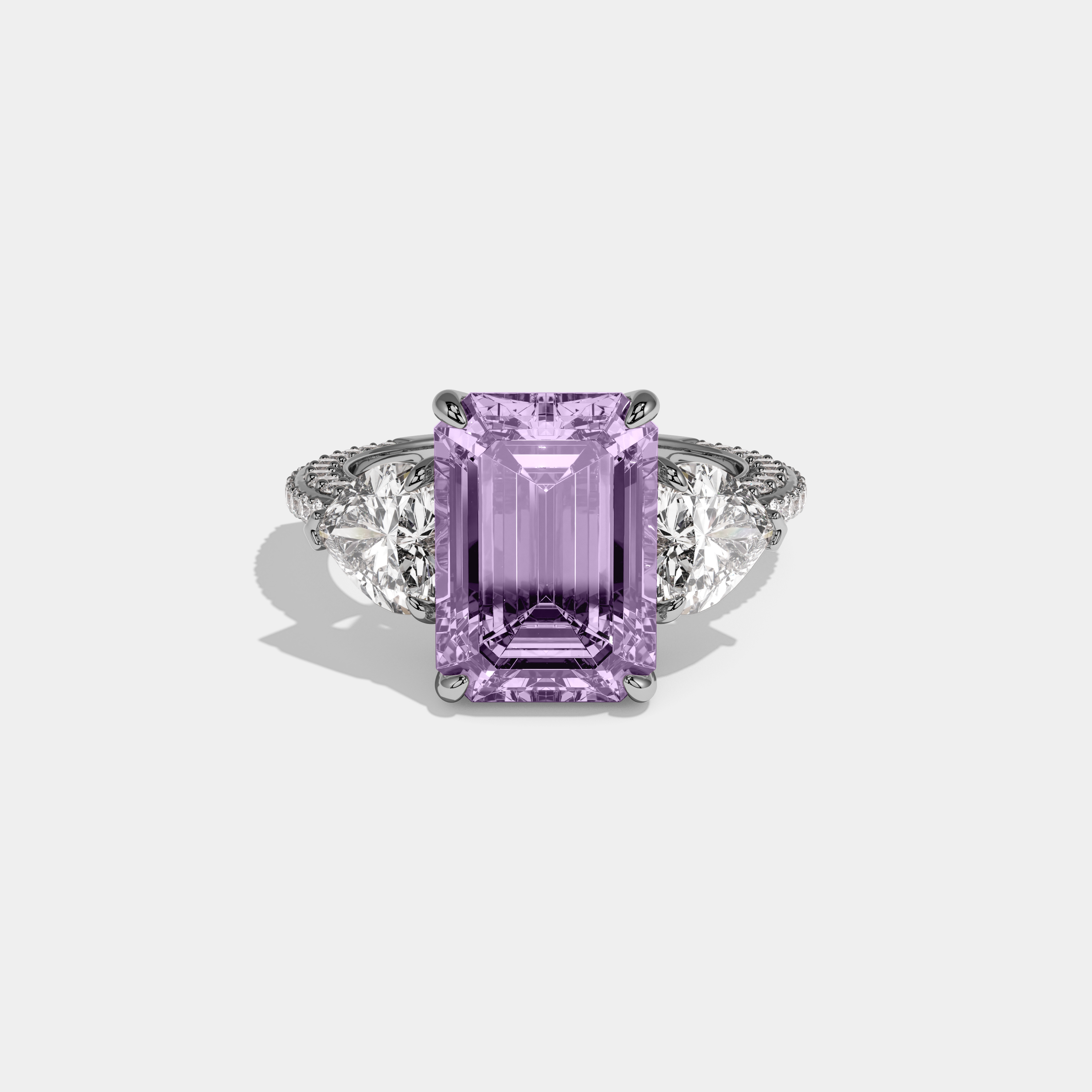 Matilda Fancy Purple Emerald Cut Diamond Band With Heart Cut Sides Engagement Ring 8ct 18K White Gold