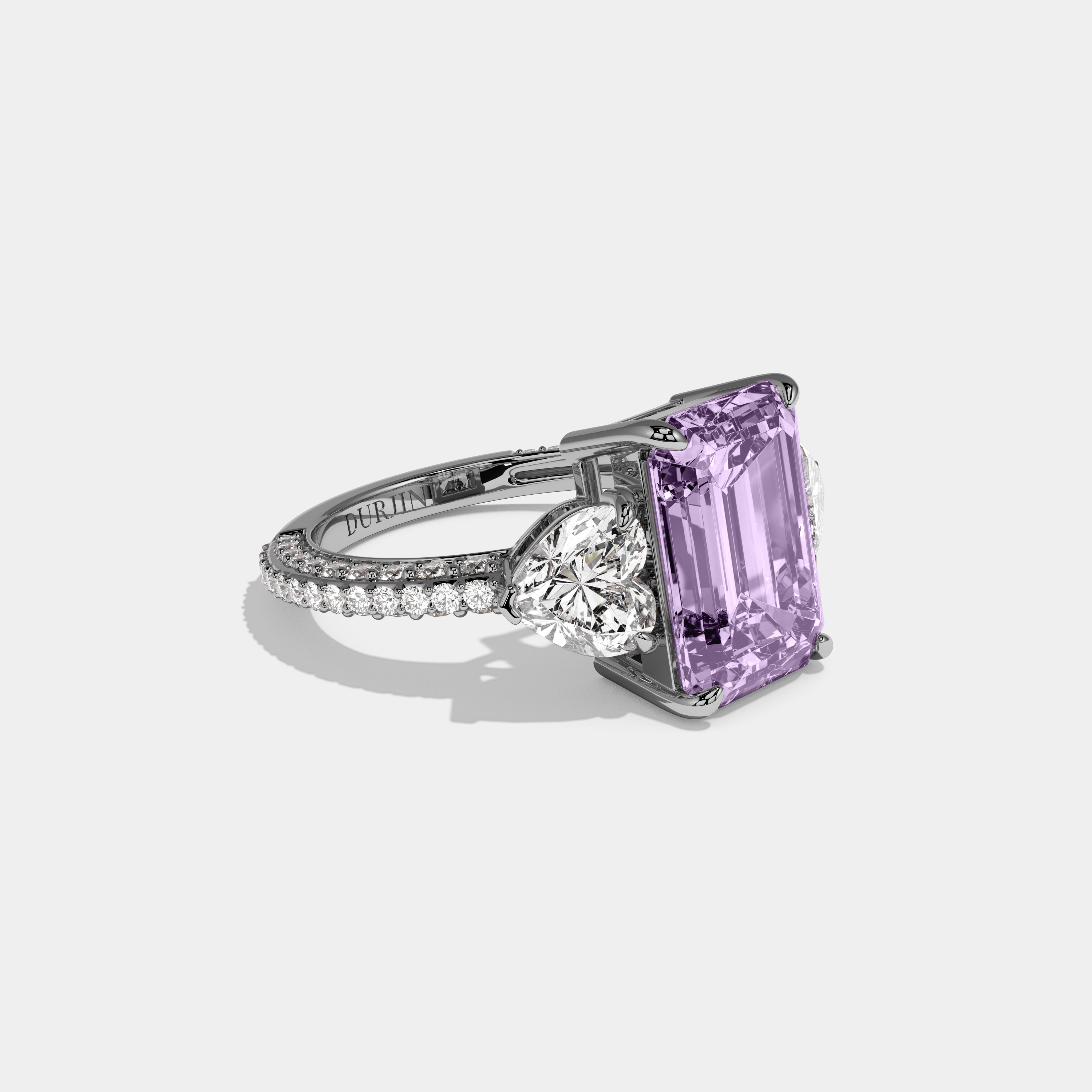 Matilda Fancy Purple Emerald Cut Diamond Band With Heart Cut Sides Engagement Ring 8ct 18K White Gold