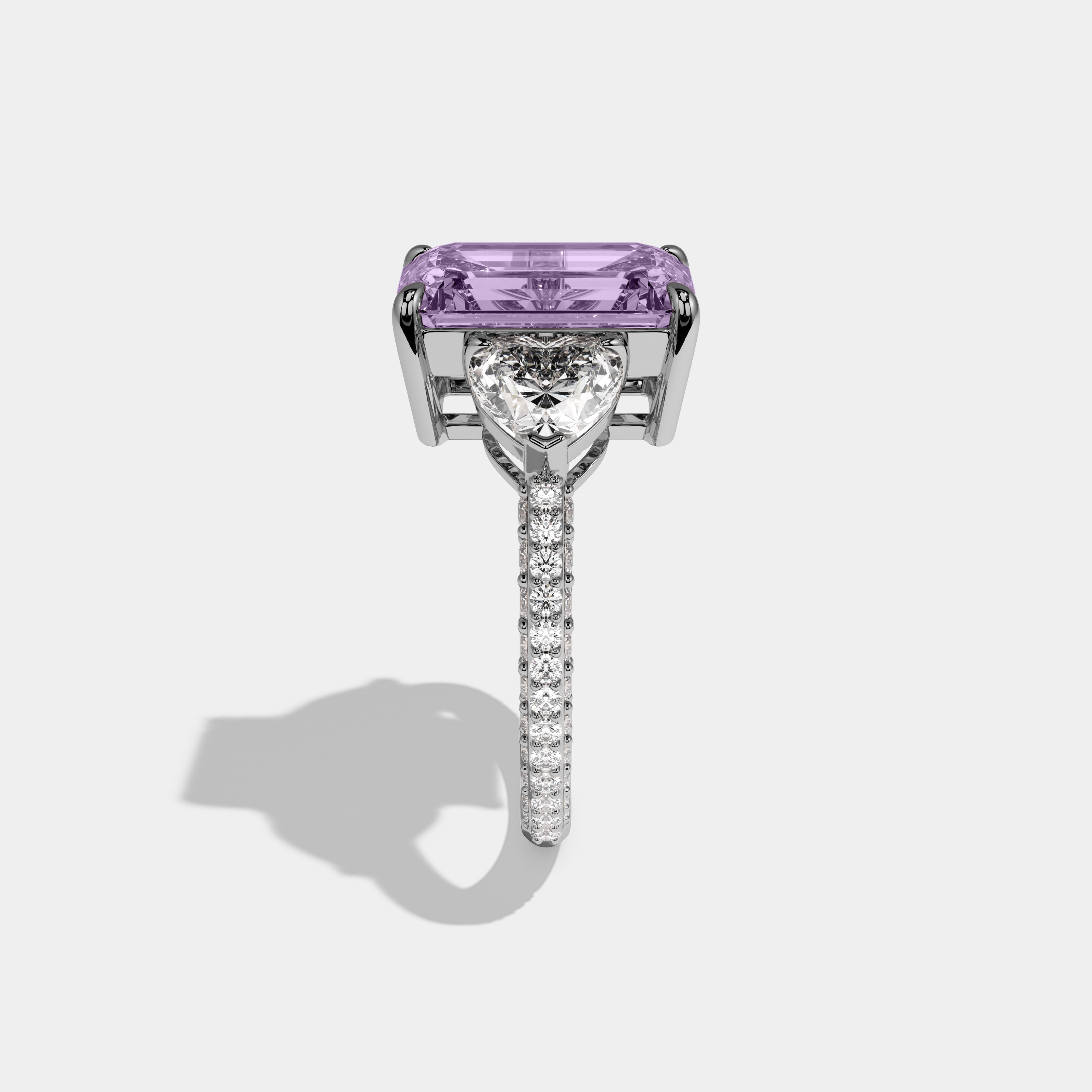Matilda Fancy Purple Emerald Cut Diamond Band With Heart Cut Sides Engagement Ring 8ct 18K White Gold