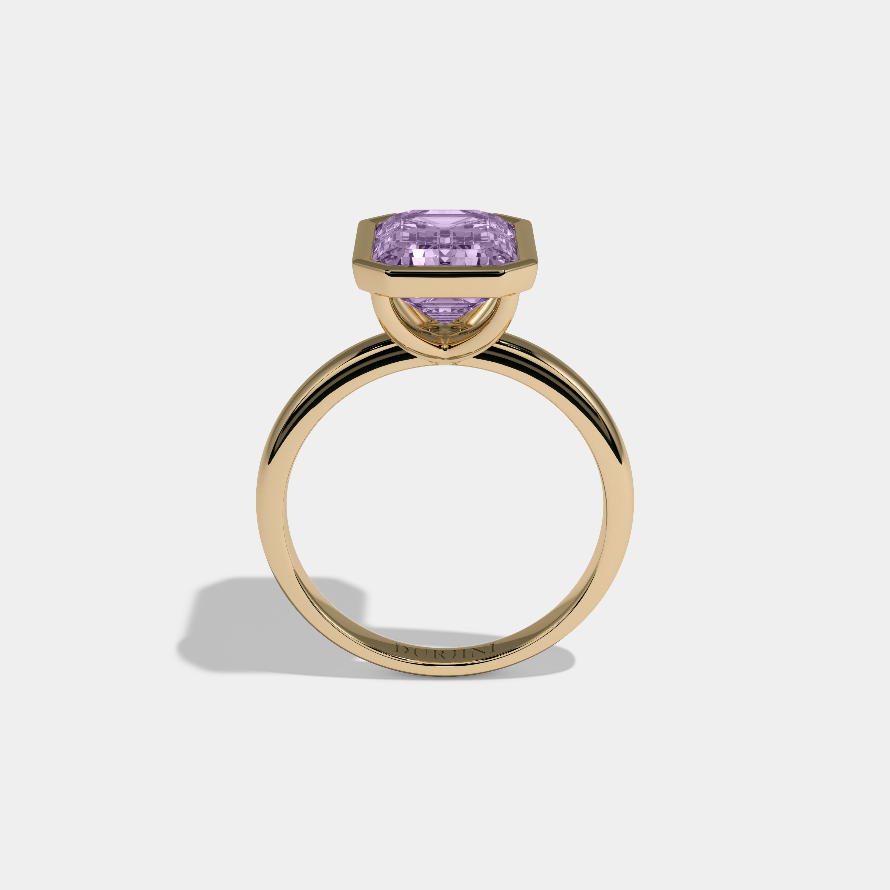 Catherine Fancy Purple Emerald Cut Diamond Plain Band Bezel Engagement Ring 5ct 18K Yellow Gold