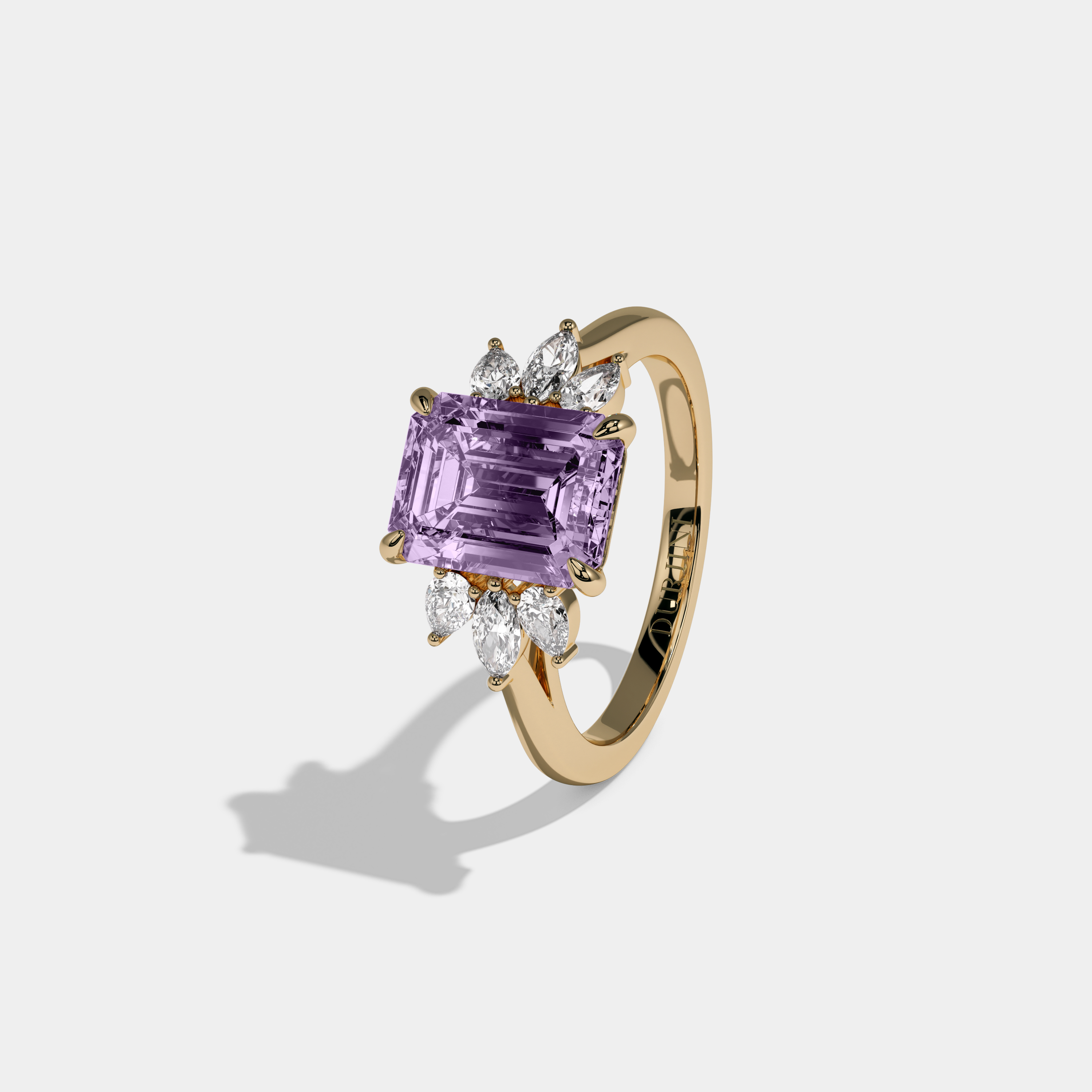 Diana Fancy Purple Emerald Cut Diamond Plain Band With Marquise Cut Sides Engagement Ring 6ct 18K Yellow Gold