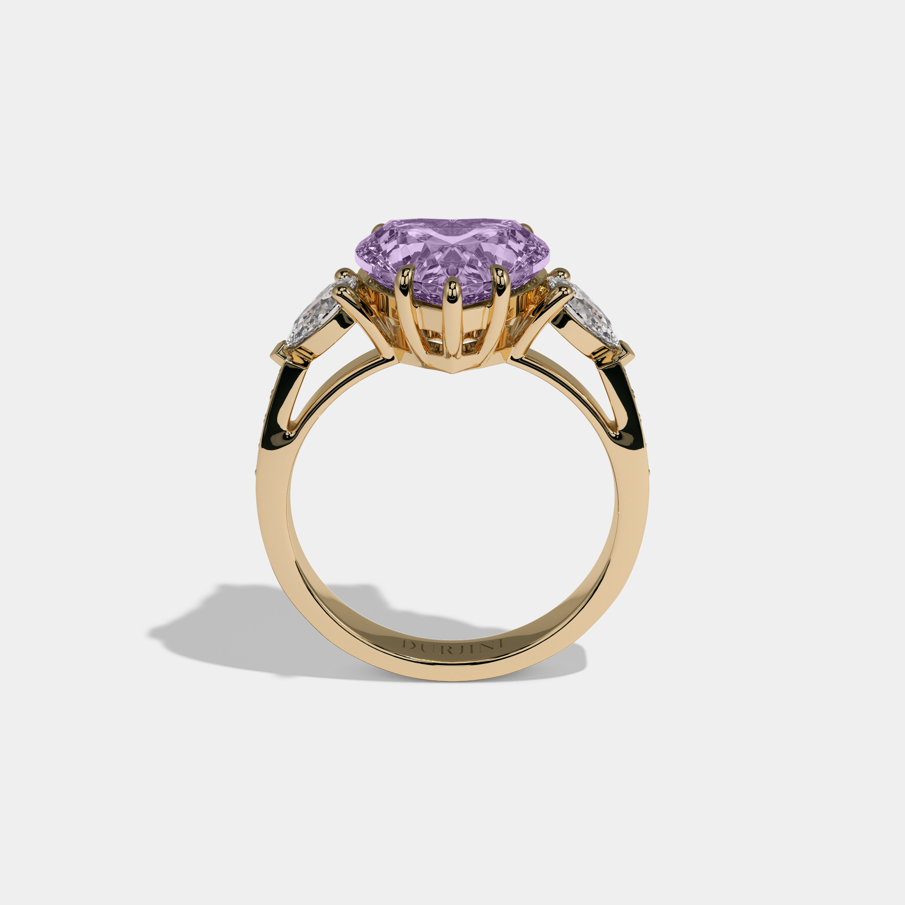 Eugenie Fancy Purple Heart Brilliant Cut Diamond Band With Pear Sides Engagement Ring 7ct 18K Yellow Gold