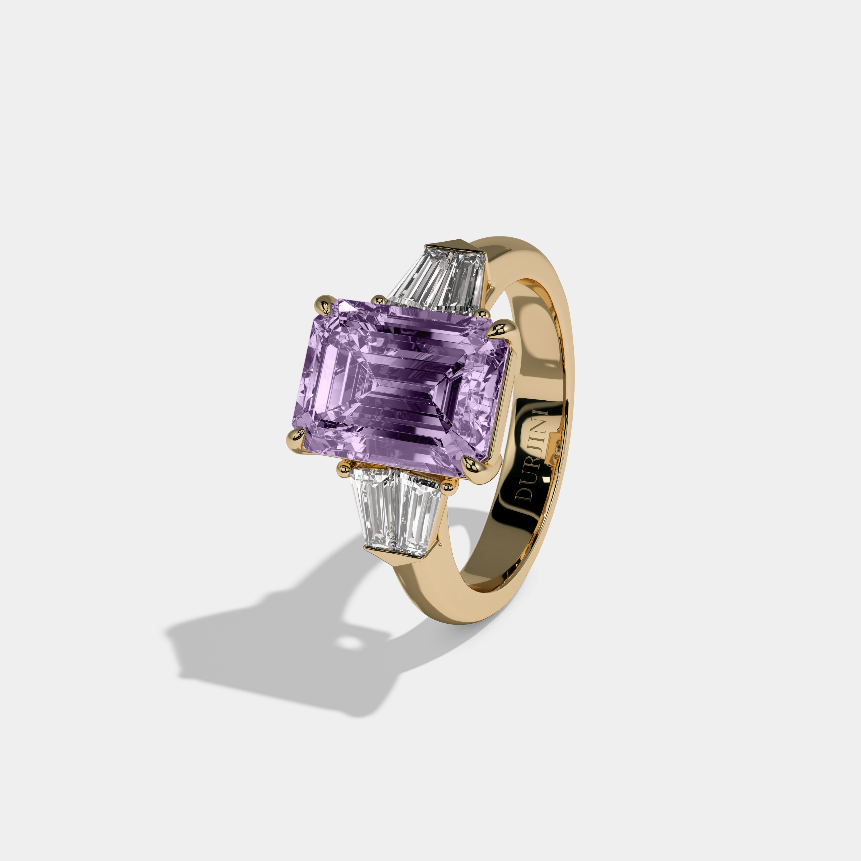 Eugenie Fancy Purple Emerald Cut Diamond Plain Band With Baguette Sides Engagement Ring 6ct 18K Yellow Gold