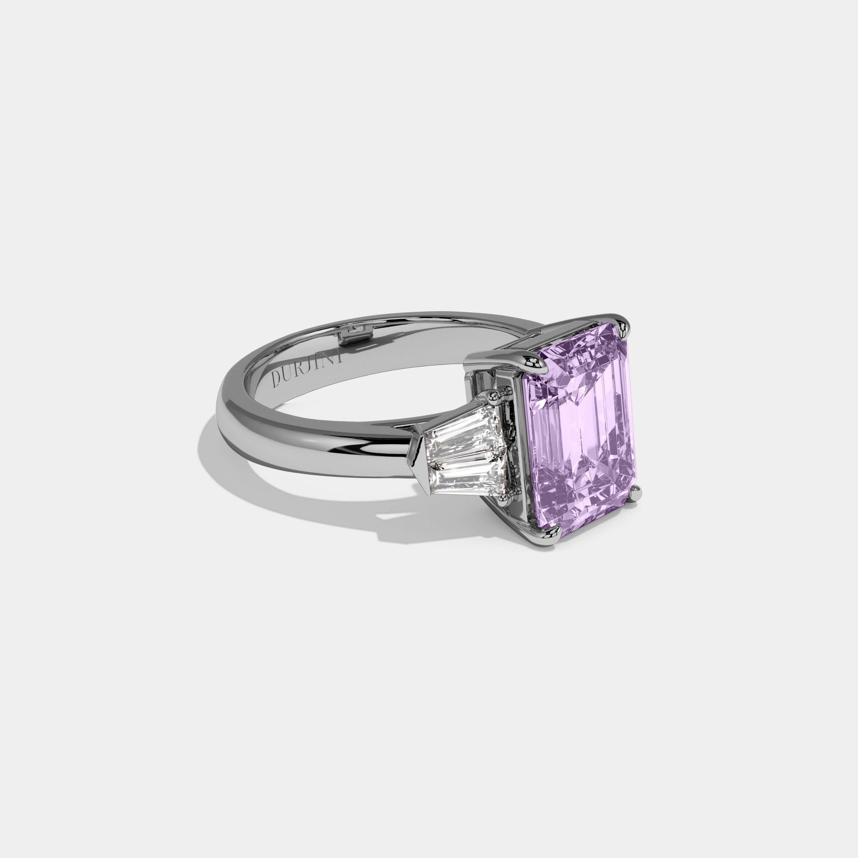 Matilda Fancy Purple Emerald Cut Diamond Plain Band With Baguette Sides Engagement Ring 6ct 18K White Gold