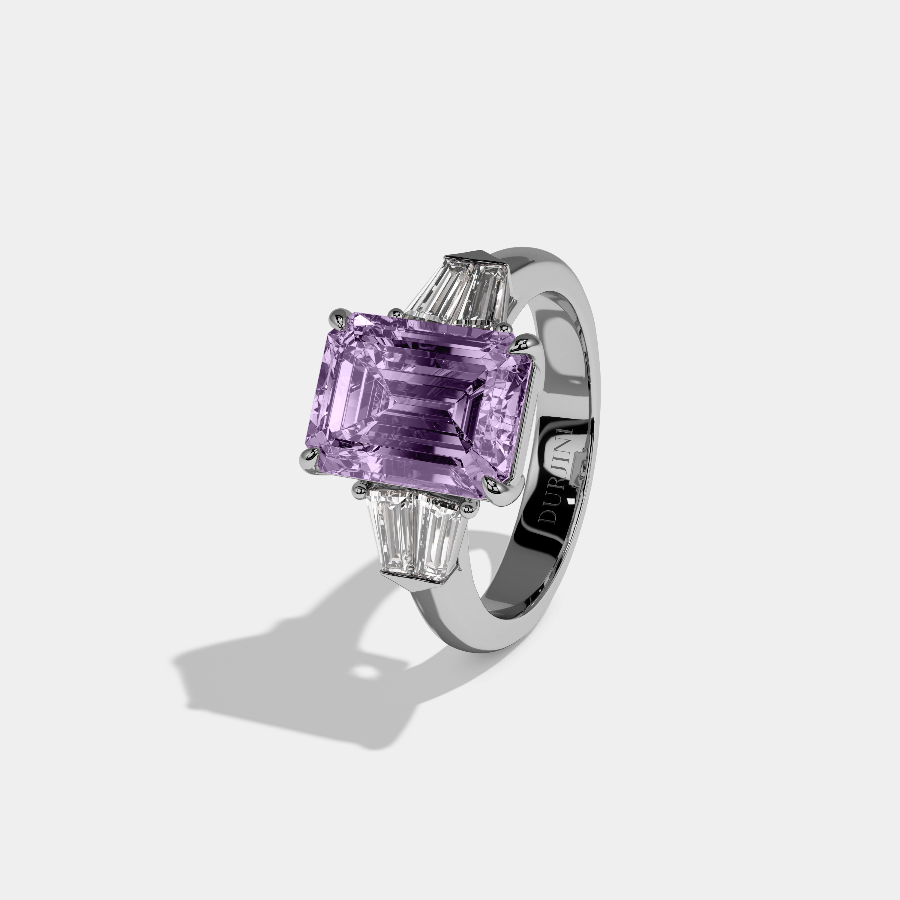 Matilda Fancy Purple Emerald Cut Diamond Plain Band With Baguette Sides Engagement Ring 6ct 18K White Gold