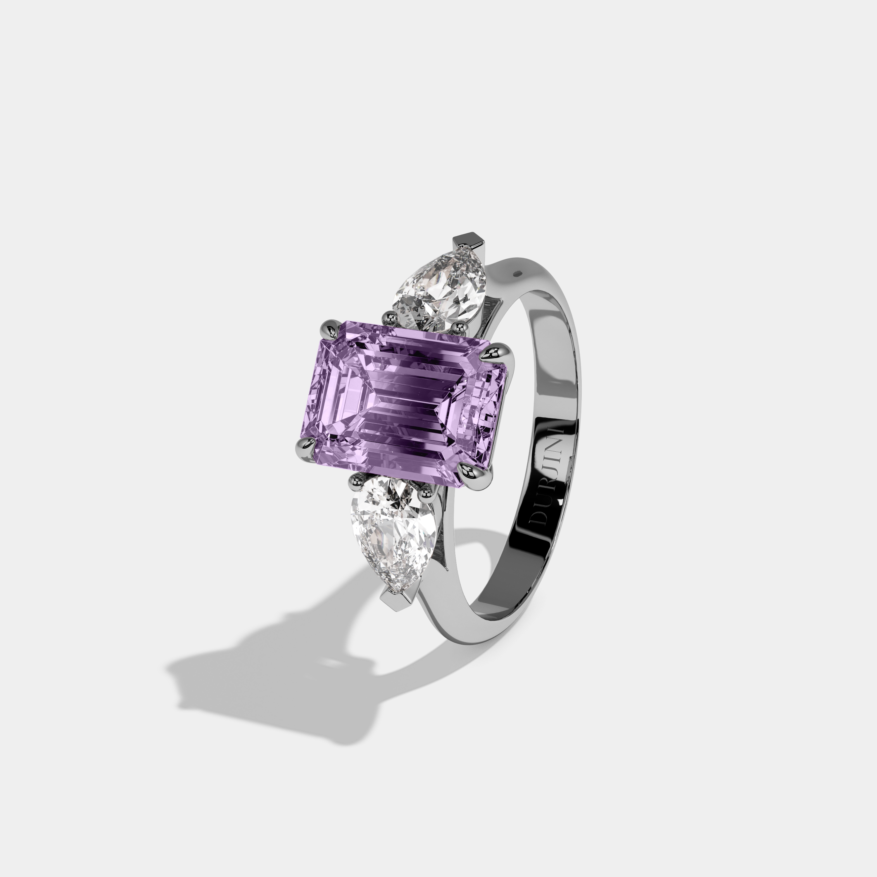 Vivienne Fancy Purple Emerald Cut Diamond Plain Band With Pear Cut Sides Engagement Ring 6ct 18K White Gold