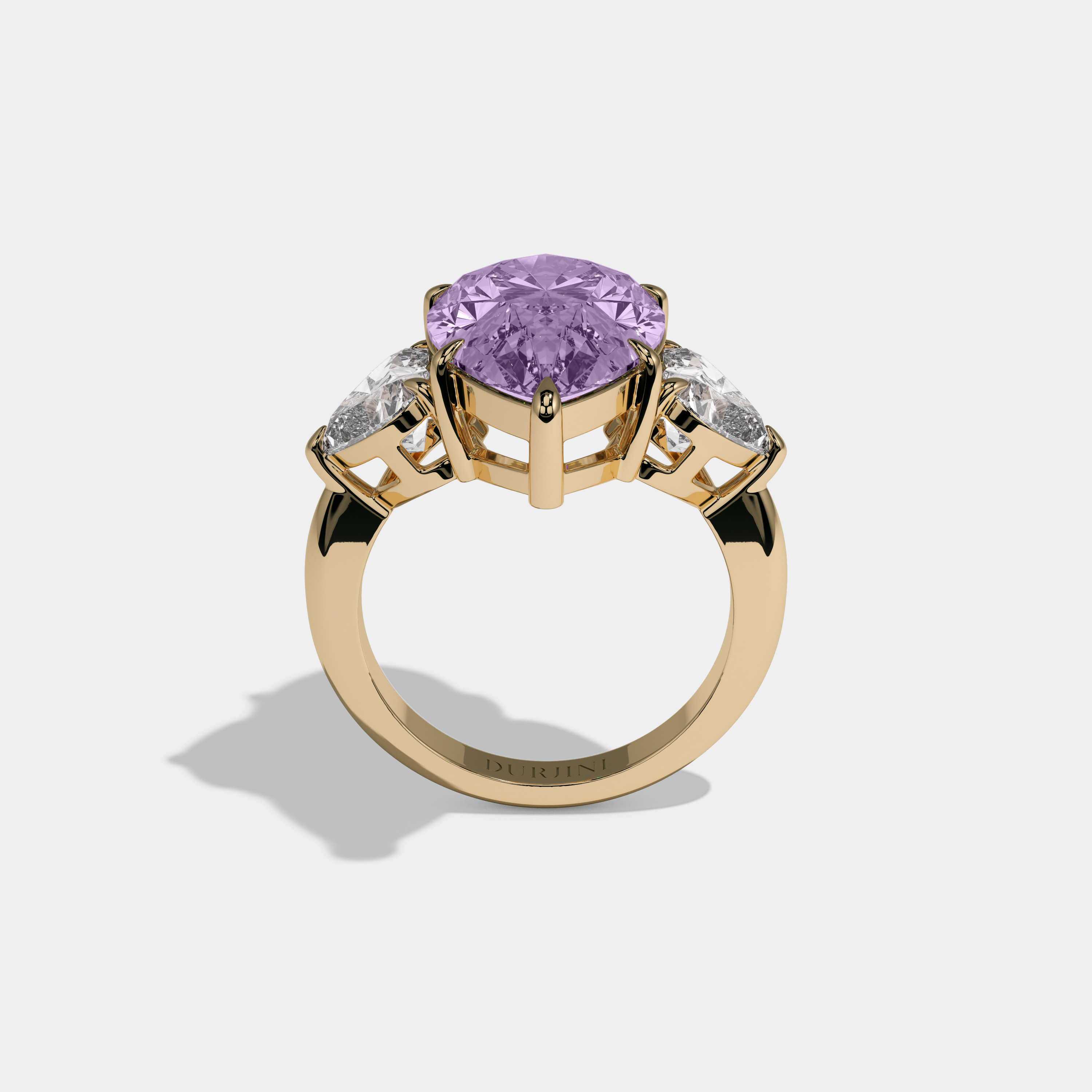 Helena Fancy Purple Pear Cut Diamond Plain Band With Heart Cut Sides Engagement Ring 6ct 18K Yellow Gold