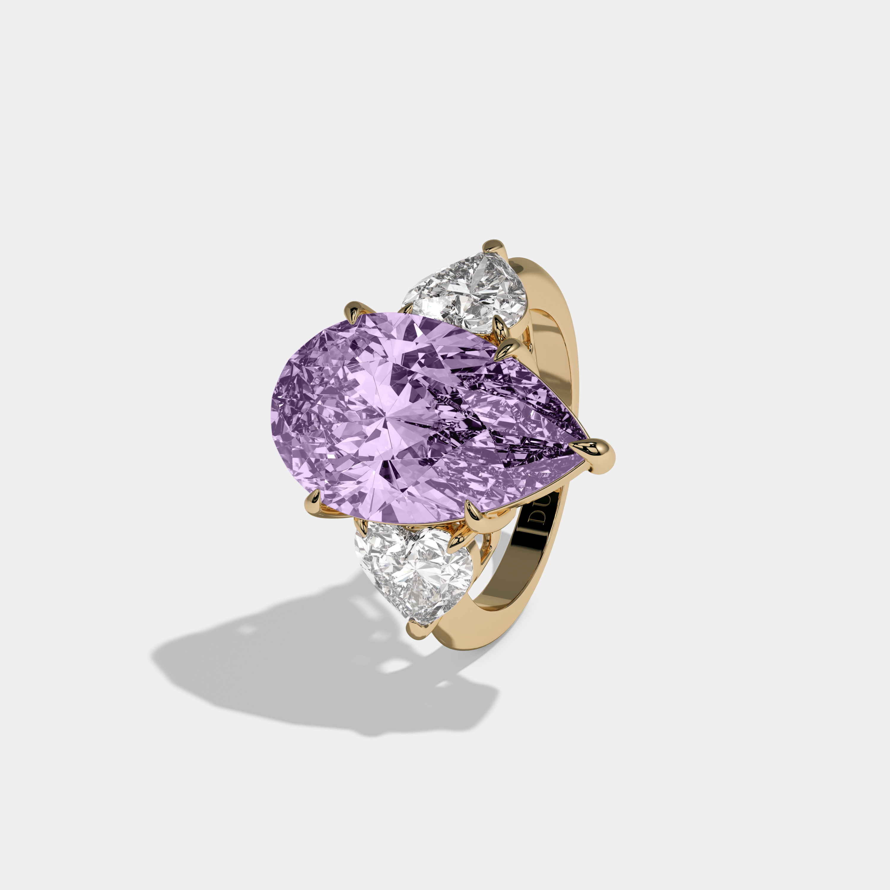 Helena Fancy Purple Pear Cut Diamond Plain Band With Heart Cut Sides Engagement Ring 6ct 18K Yellow Gold