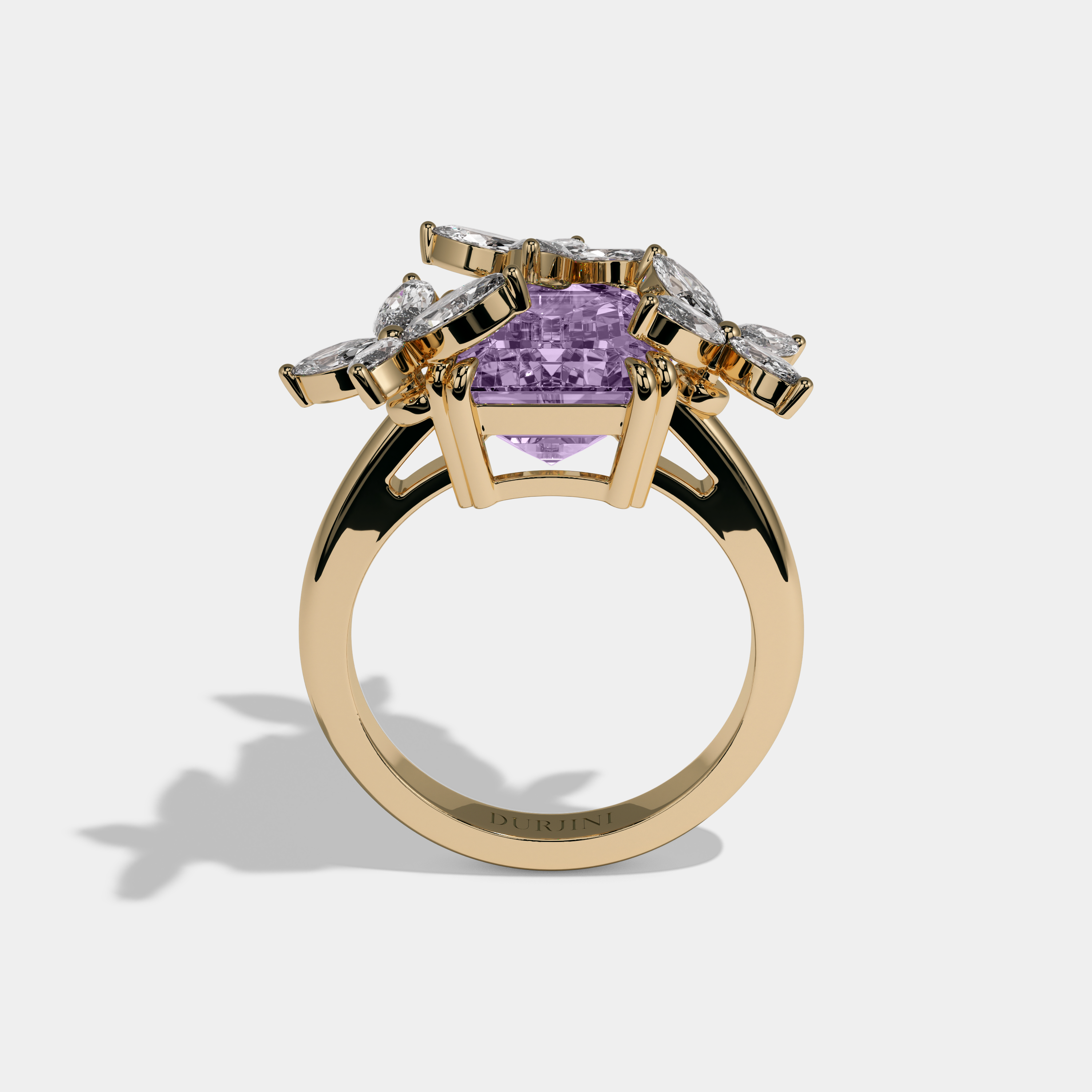 Louise Fancy Purple Emerald Cut Floral Limited Edition Diamond Plain Band Engagement Ring 9ct 18K Yellow Gold