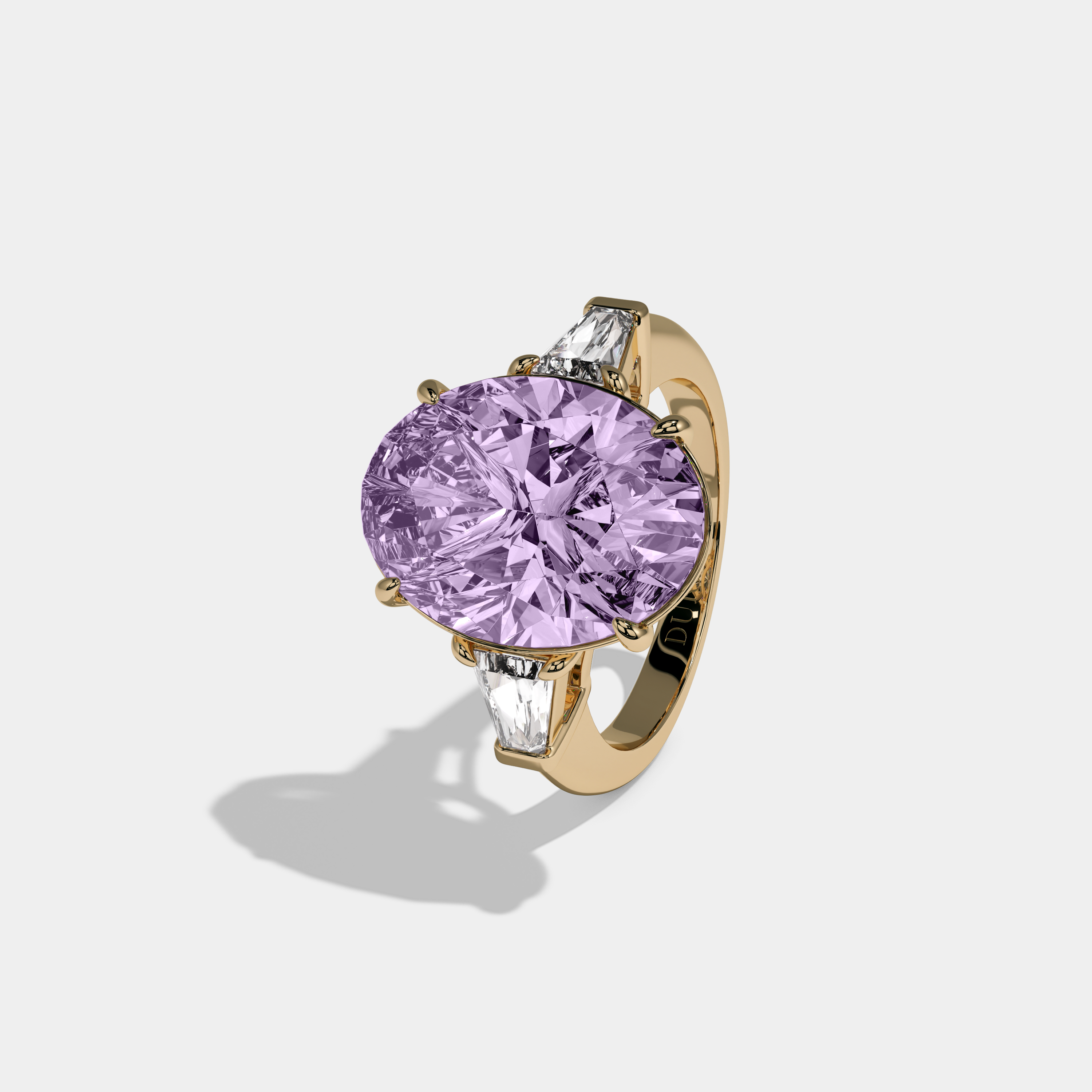 Louise Fancy Purple Oval Cut Diamond Plain Band With Tapered Baguette Cut Sides Engagement Ring 8ct 18K Yellow Gold