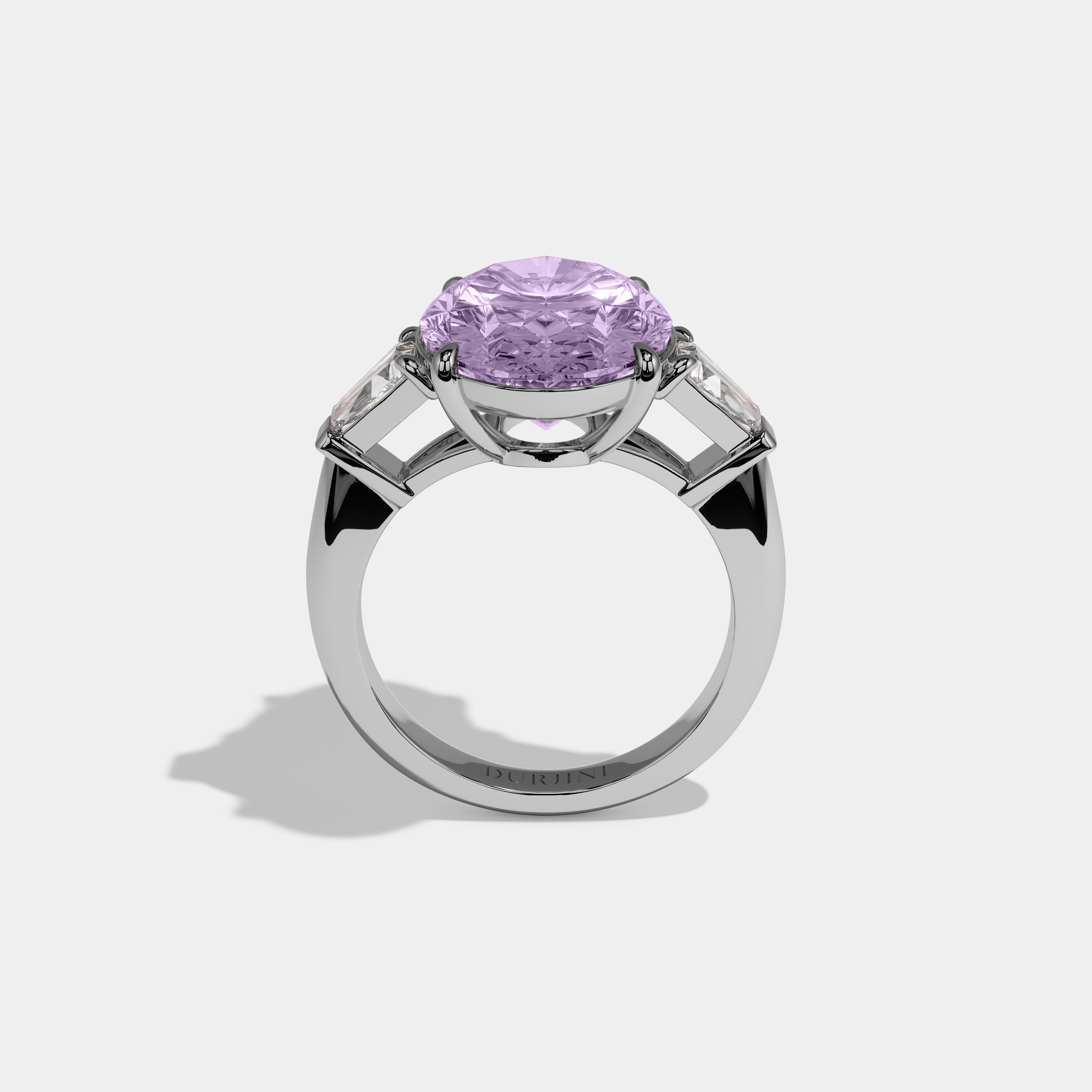 Eugenie Fancy Purple Oval Cut Diamond Plain Band With Tapered Baguette Cut Sides Engagement Ring 8ct 18K White Gold