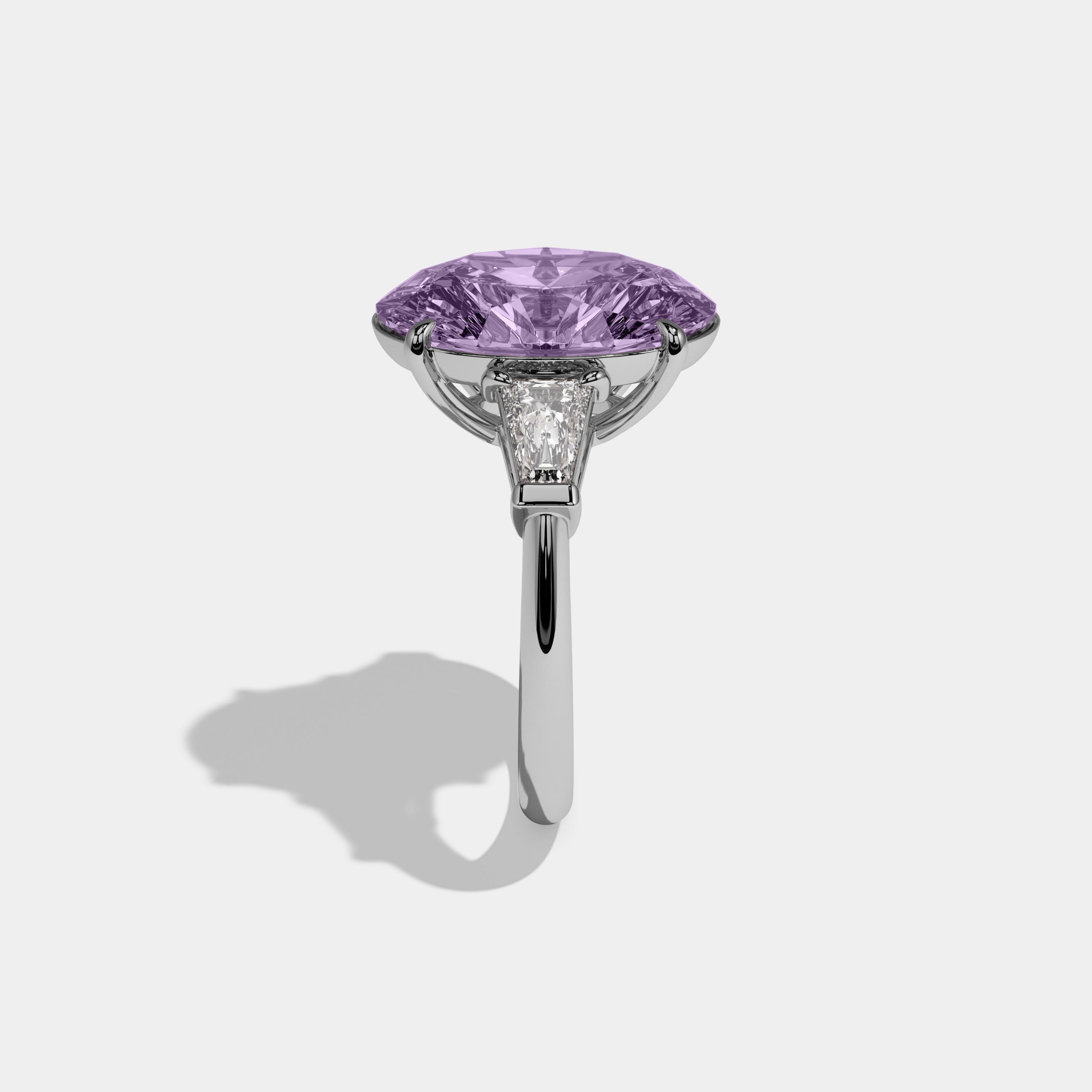 Eugenie Fancy Purple Oval Cut Diamond Plain Band With Tapered Baguette Cut Sides Engagement Ring 8ct 18K White Gold