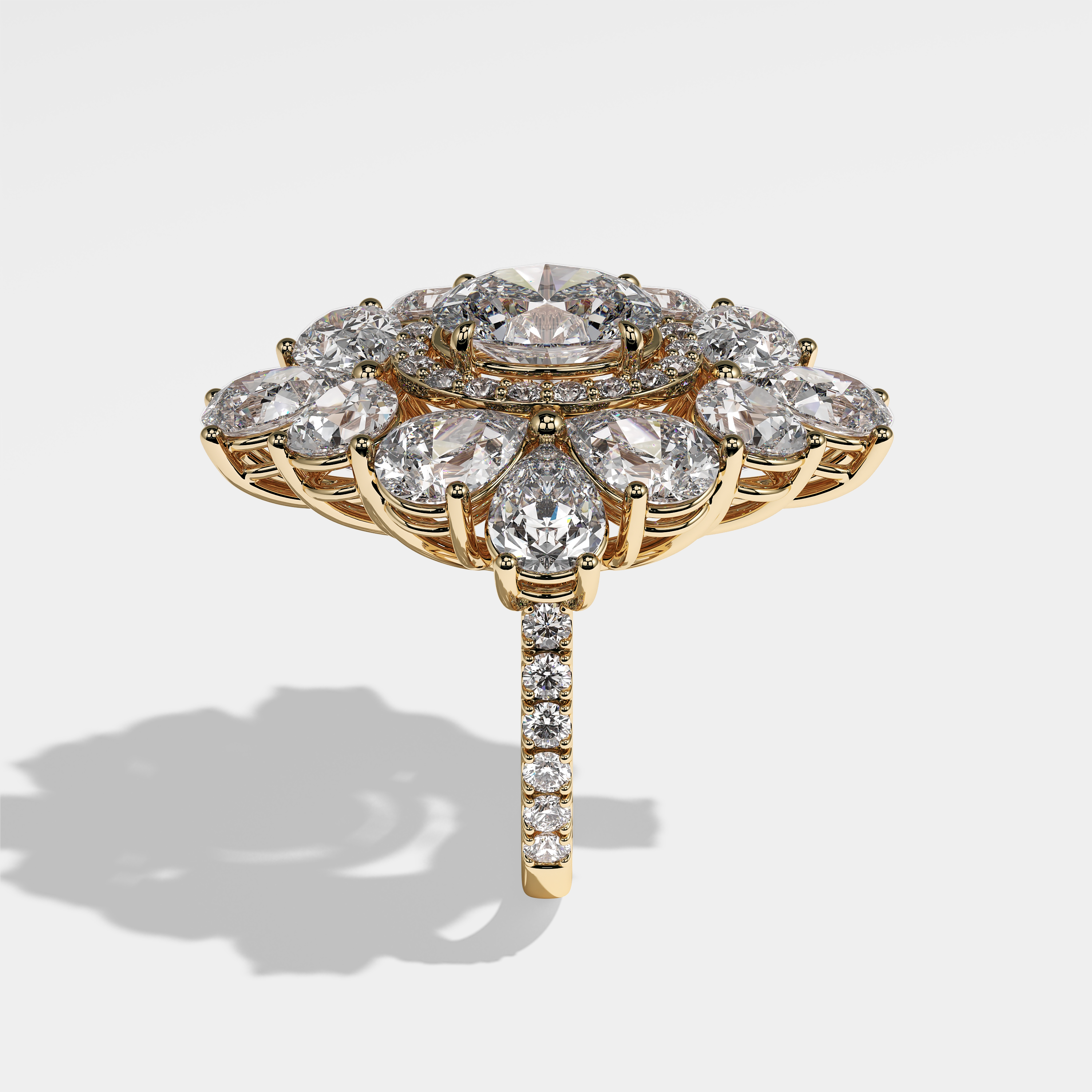 Emblem diamond halo engagement ring in 18K yellow gold by Kurbãni Durjini, side view