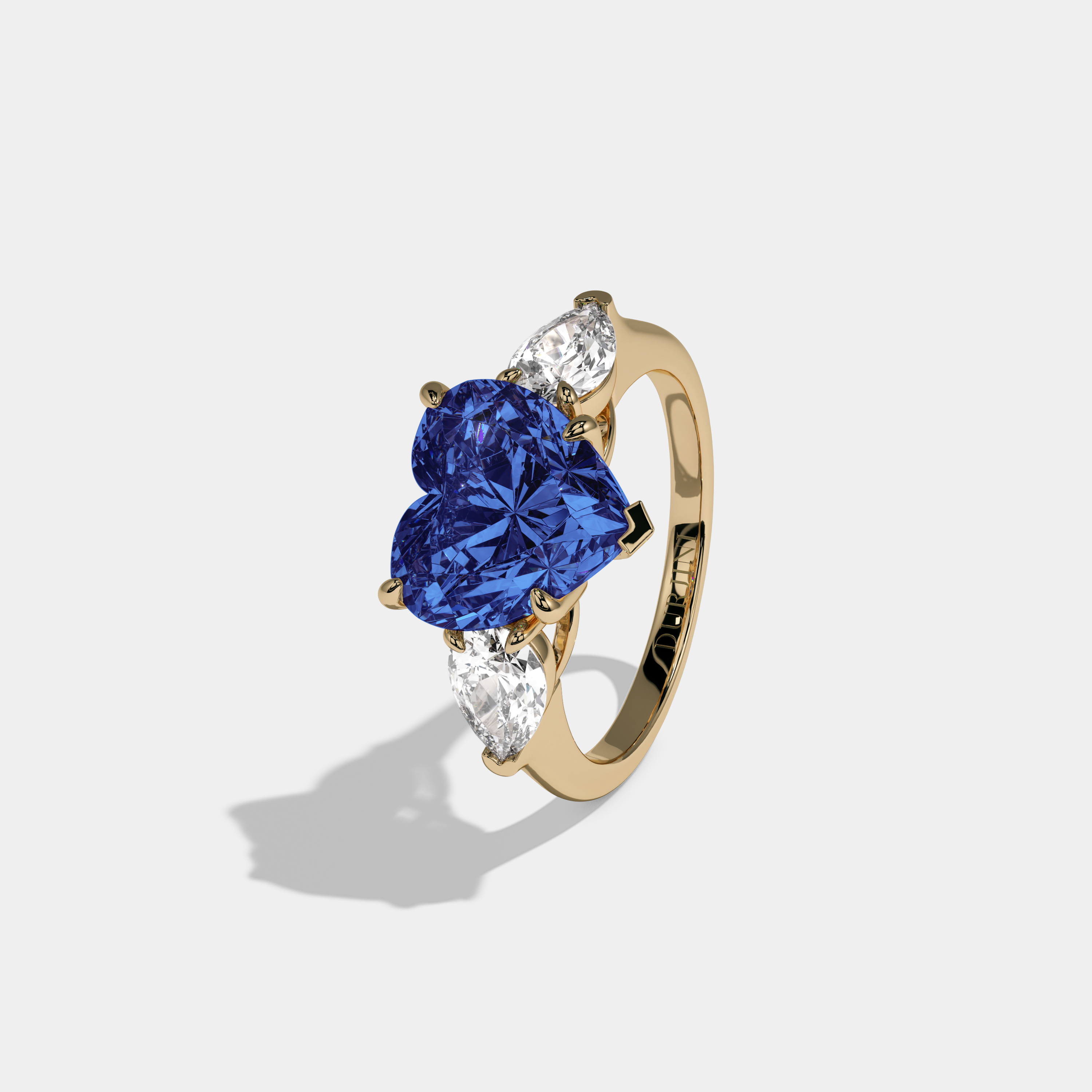 Mary Fancy Dark Blue Heart Cut Diamond Plain Band With Pear Cut Sides Engagement Ring 8ct 18K Yellow Gold