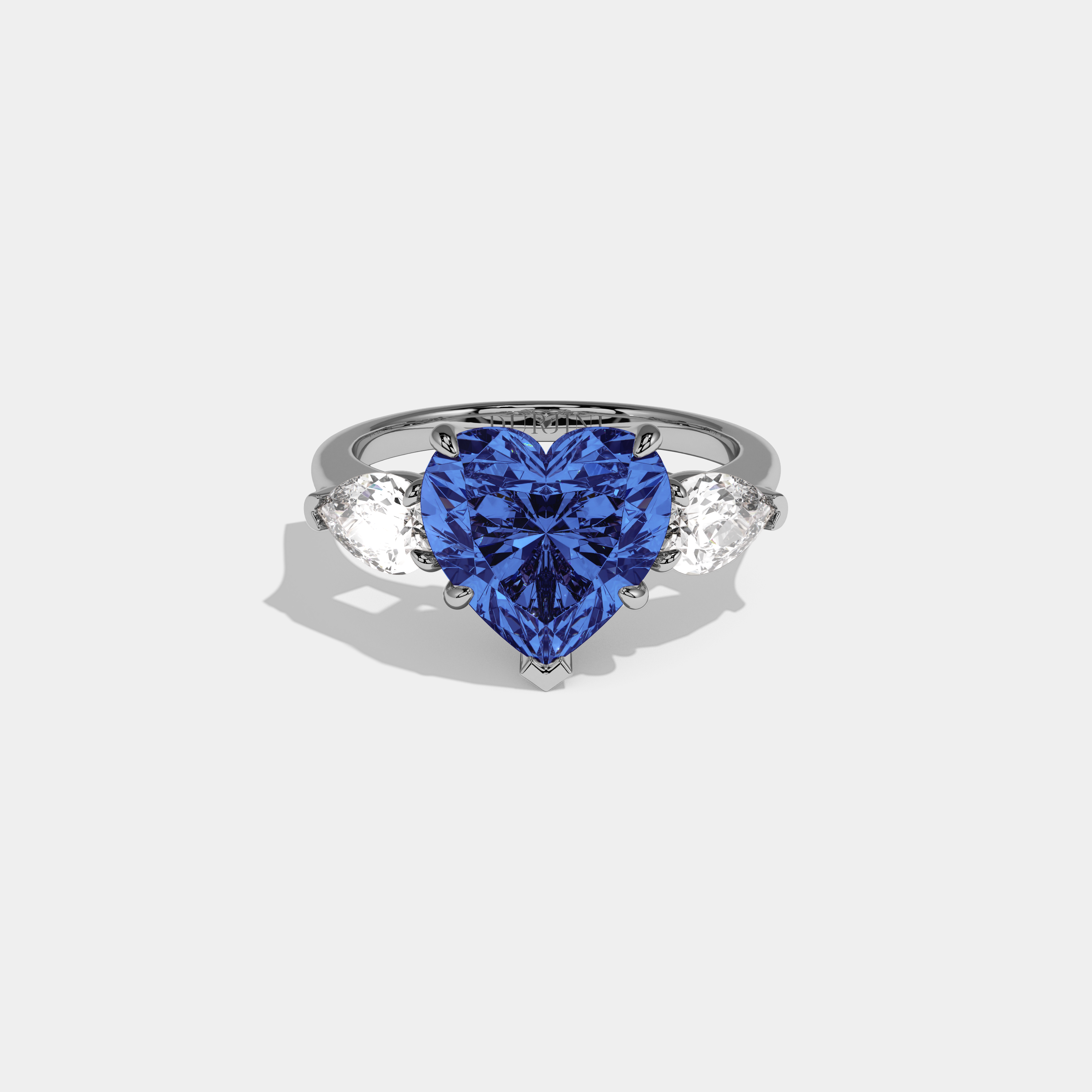 Sophia Fancy Dark Blue Heart Cut Diamond Plain Band With Pear Cut Sides Engagement Ring 8ct 18K White Gold