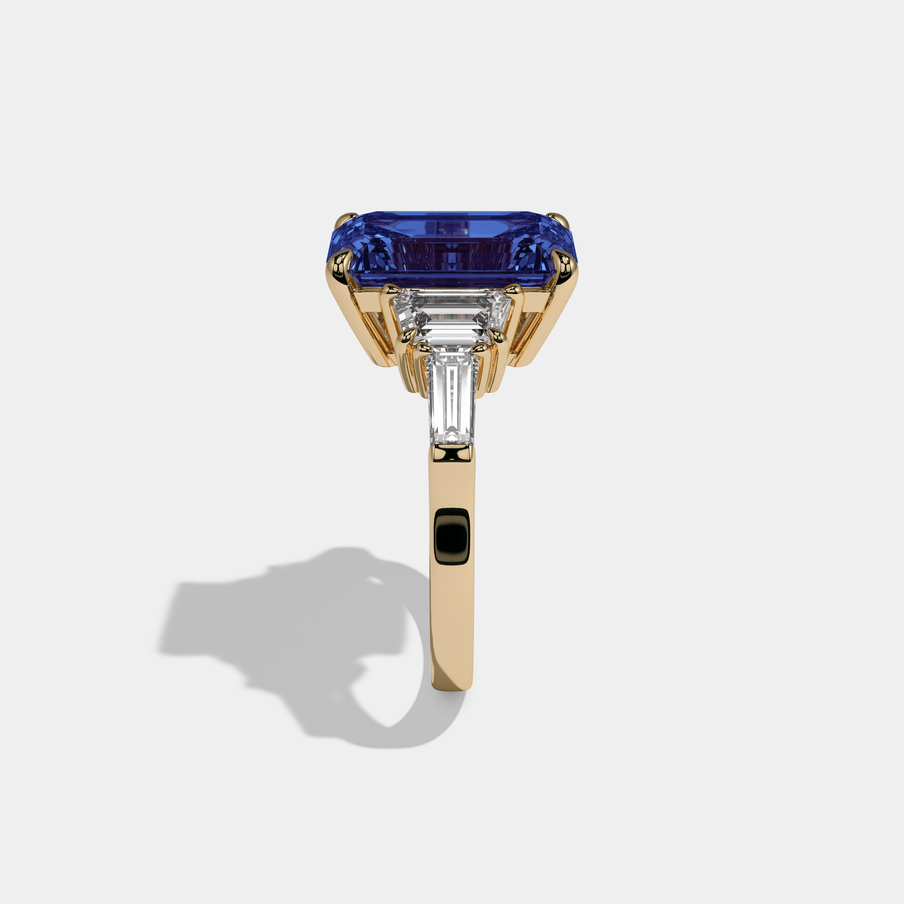 Mary Fancy Dark Blue Emerald Cut Diamond Plain Band With Step Cut Sides Engagement Ring 8ct 18K Yellow Gold
