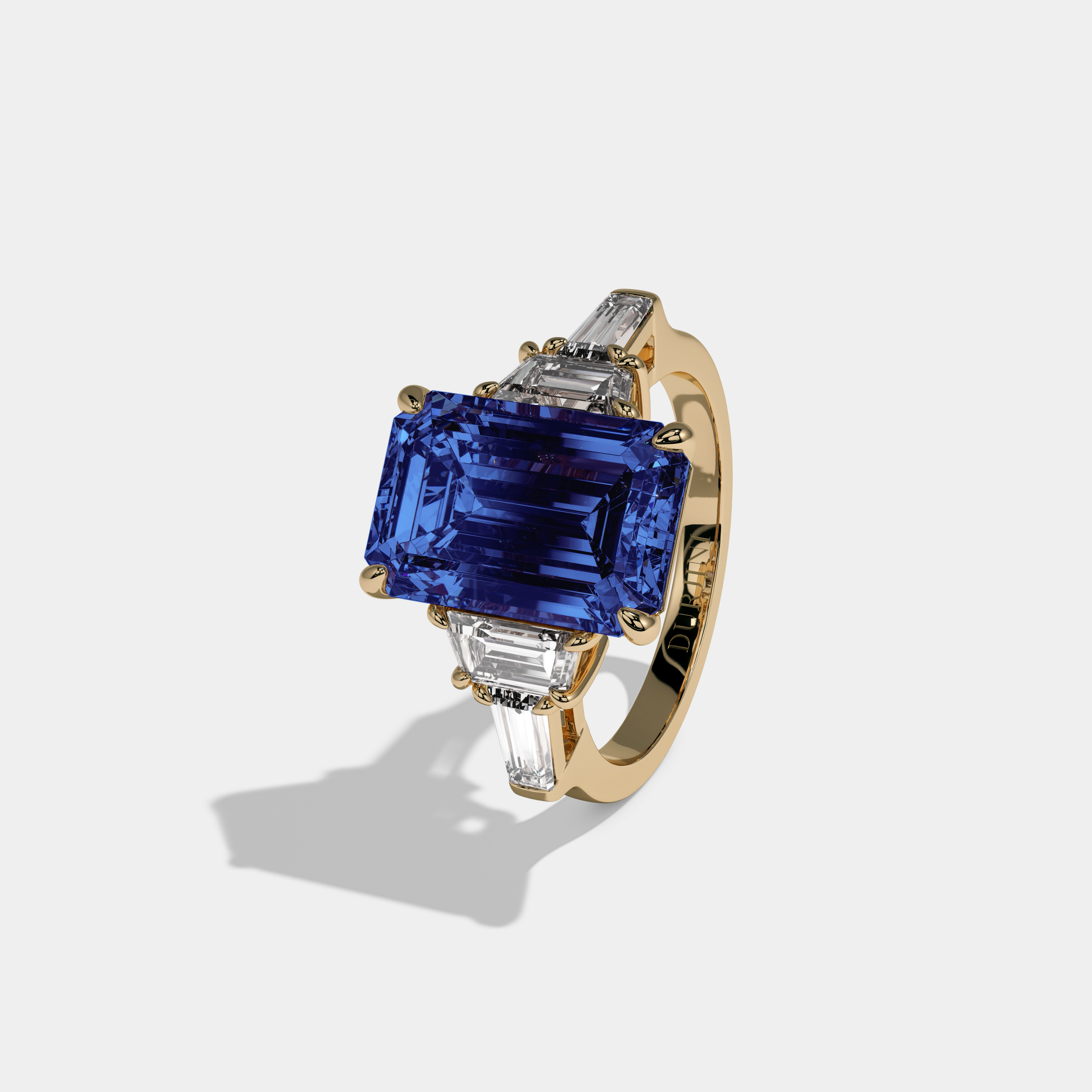 Mary Fancy Dark Blue Emerald Cut Diamond Plain Band With Step Cut Sides Engagement Ring 8ct 18K Yellow Gold