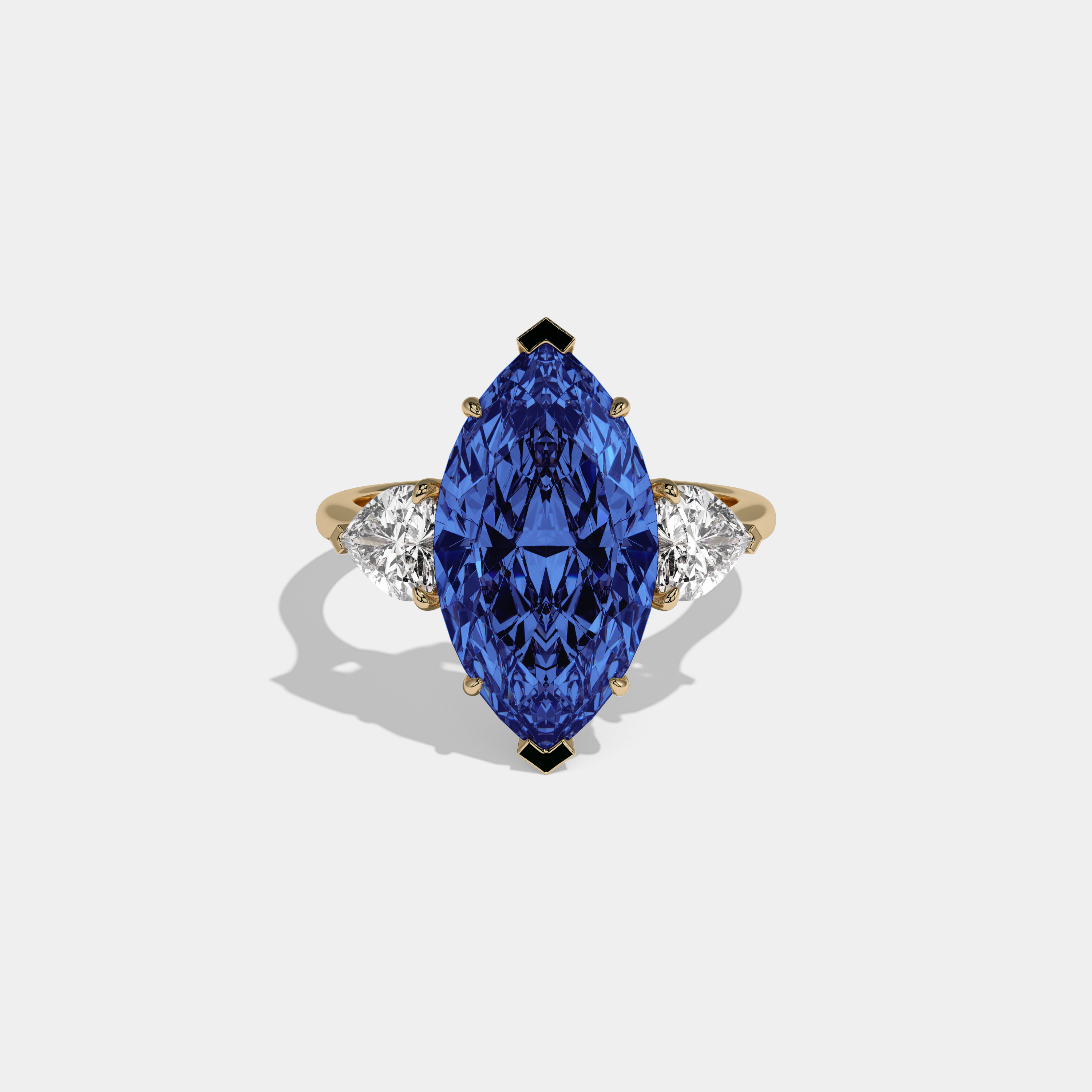 Mary Fancy Dark Blue Marquise Cut Diamond Plain Band With Heart Cut Sides Engagement Ring 8ct 18K Yellow Gold