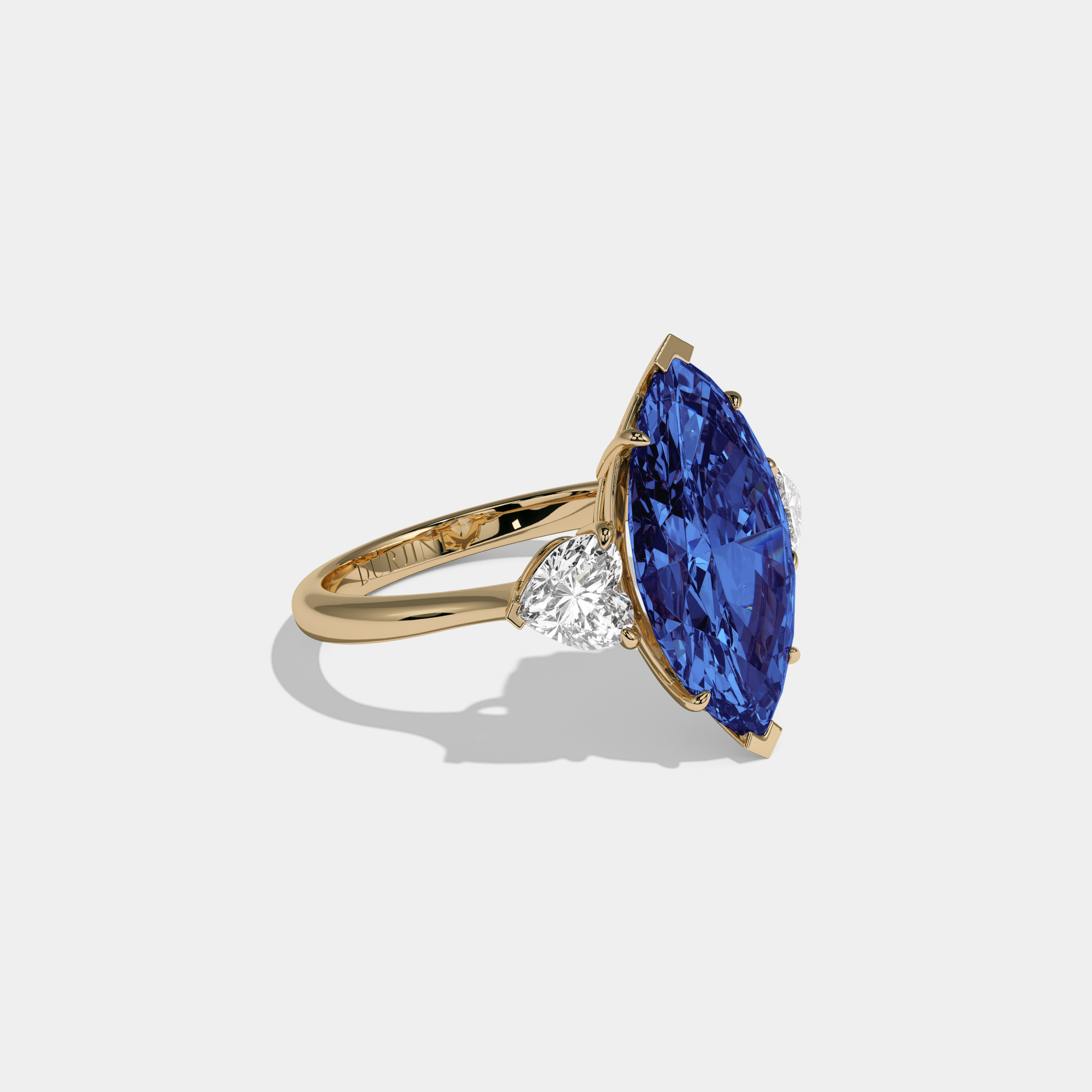 Mary Fancy Dark Blue Marquise Cut Diamond Plain Band With Heart Cut Sides Engagement Ring 8ct 18K Yellow Gold
