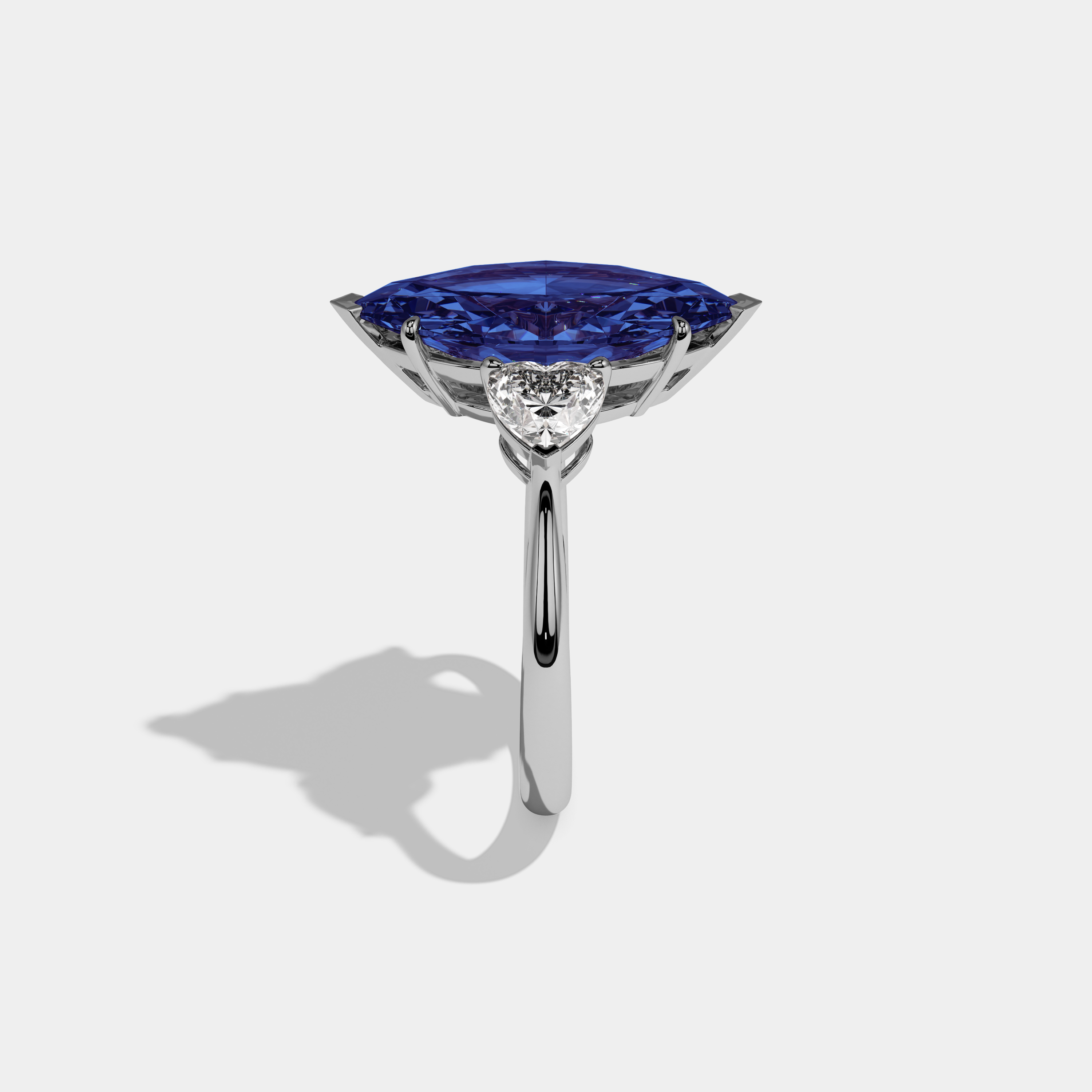 Sophia Fancy Dark Blue Marquise Cut Diamond Plain Band With Heart Cut Sides Engagement Ring 8ct 18K White Gold