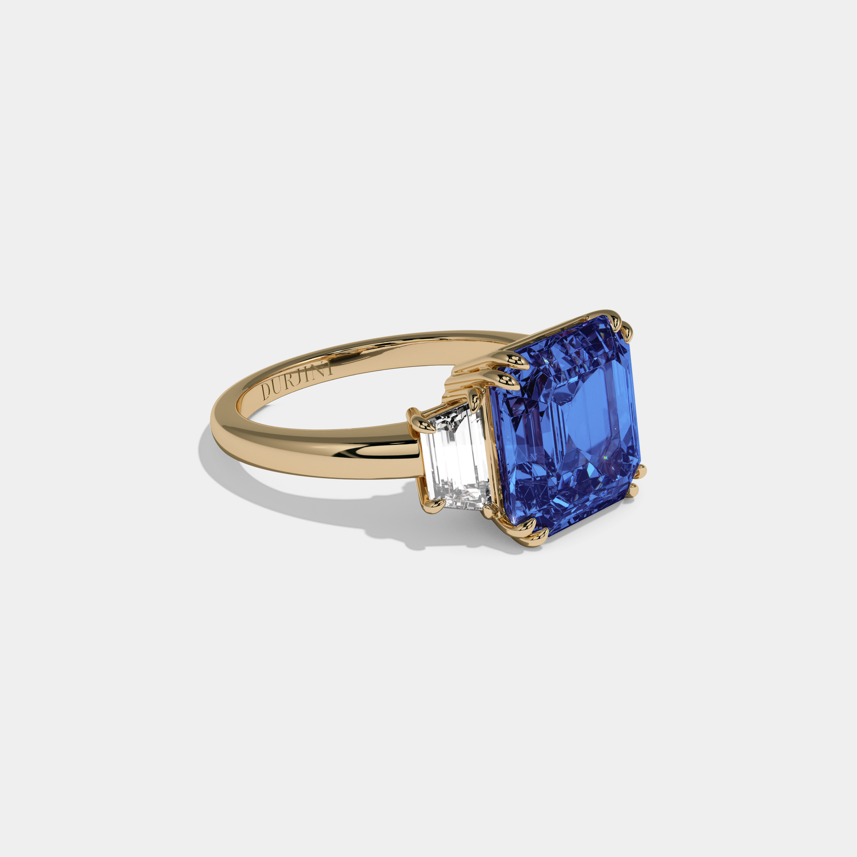 Mary Fancy Dark Blue Asscher Cut Diamond Plain Band With Step Cut Sides Engagement Ring 8ct 18K Yellow Gold