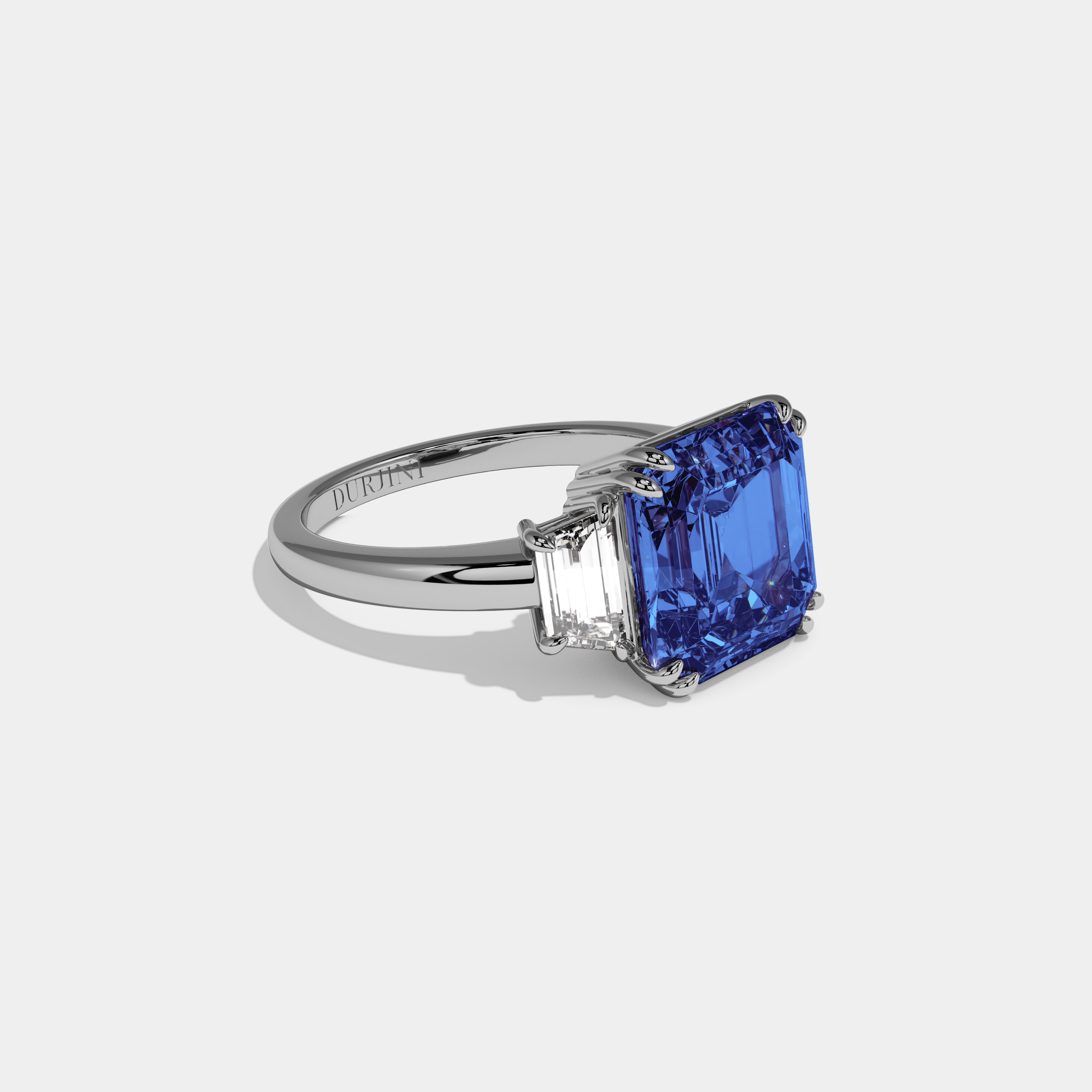 Sophia Fancy Dark Blue Asscher Cut Diamond Plain Band With Step Cut Sides Engagement Ring 8ct 18K White Gold