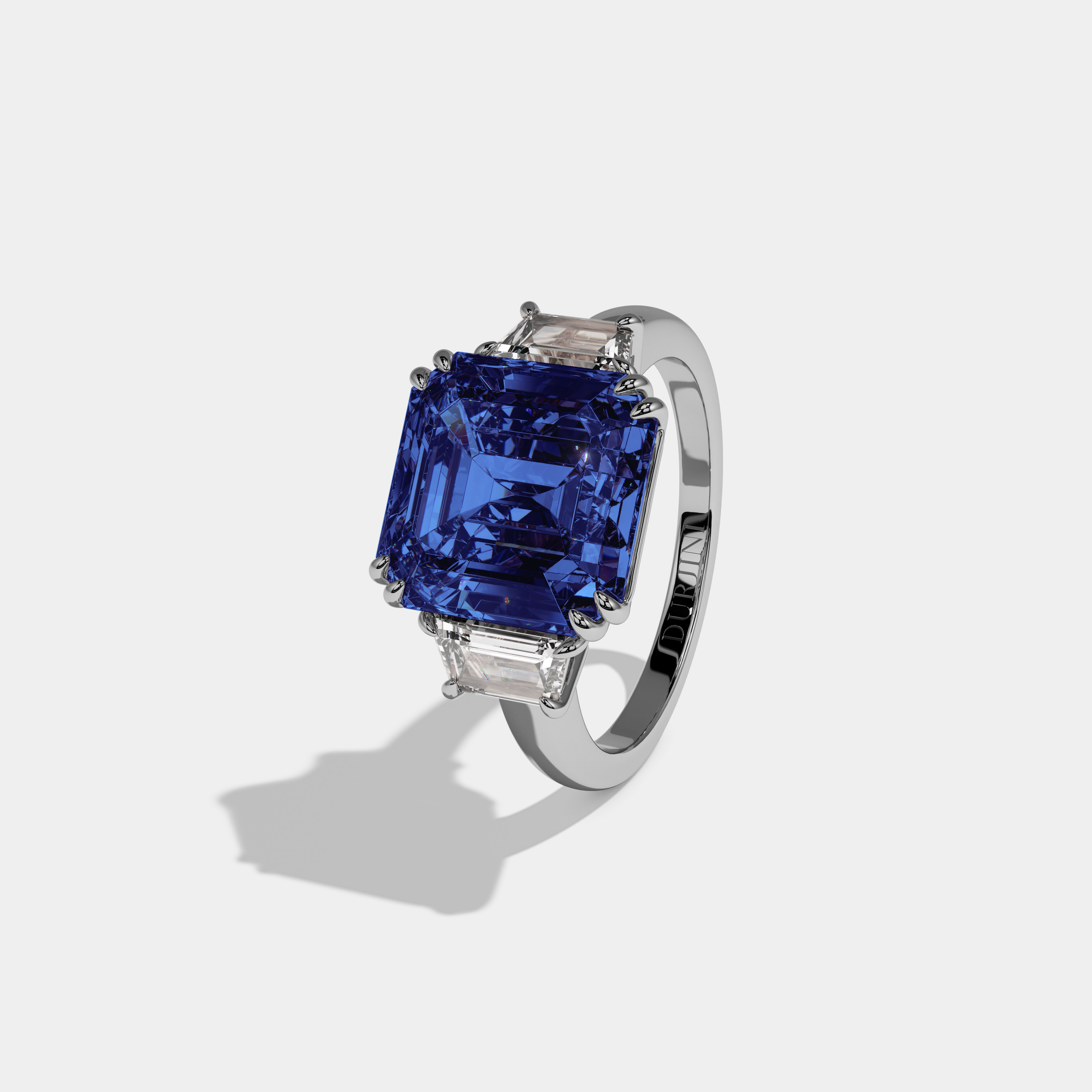 Sophia Fancy Dark Blue Asscher Cut Diamond Plain Band With Step Cut Sides Engagement Ring 8ct 18K White Gold