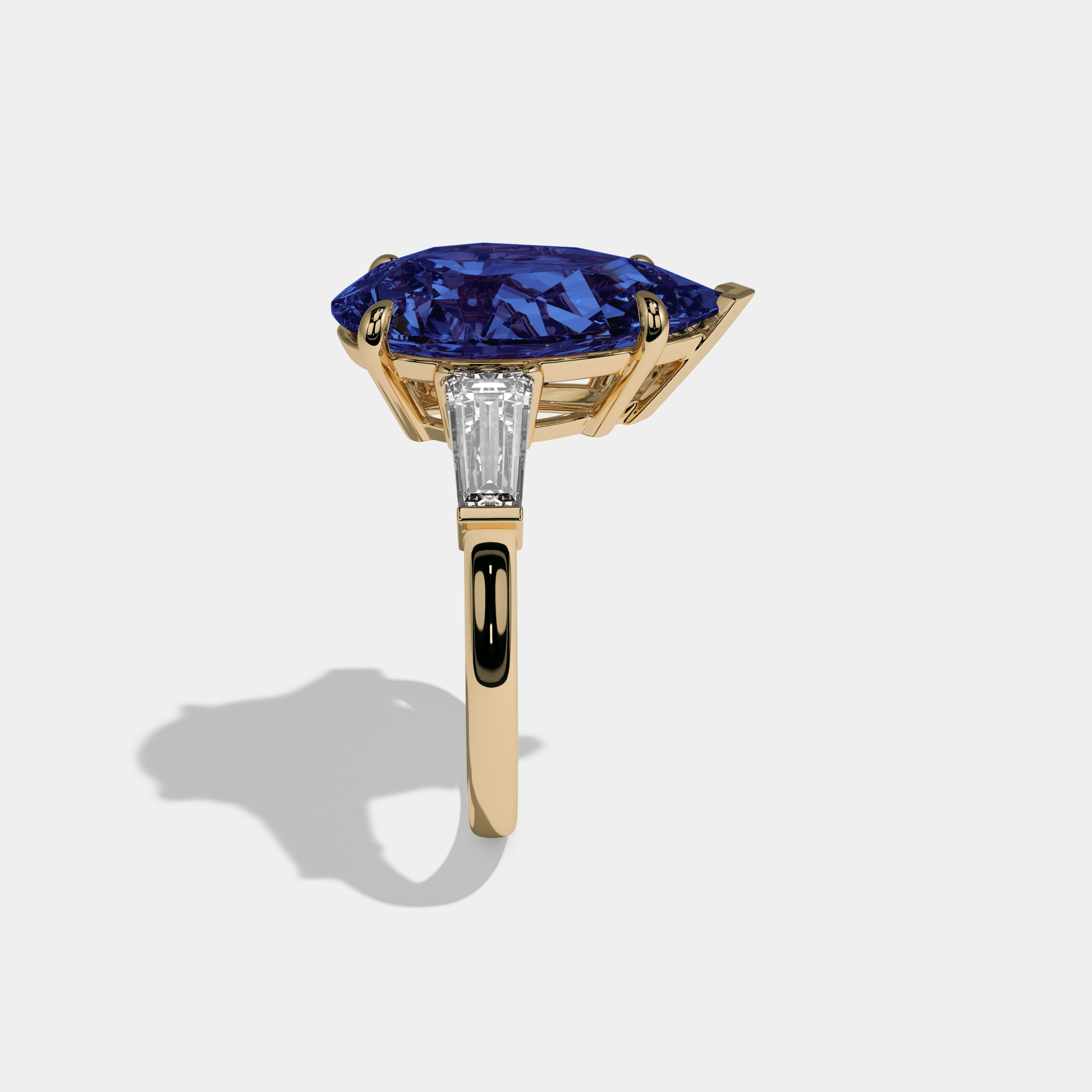 Anne Fancy Dark Blue Pear Cut Diamond Plain Band With Baguette Cut Sides Engagement Ring 8ct 18k Yellow Gold