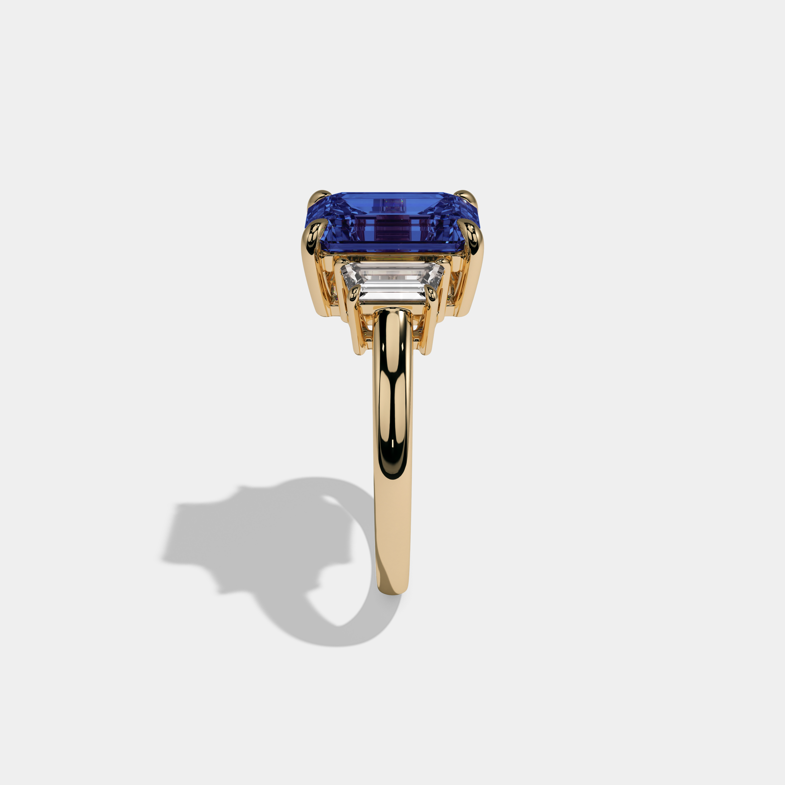 Anne Fancy Dark Blue Emerald Cut Diamond Plain Band With Step Cut Sides Engagement Ring 8ct 18k Yellow Gold