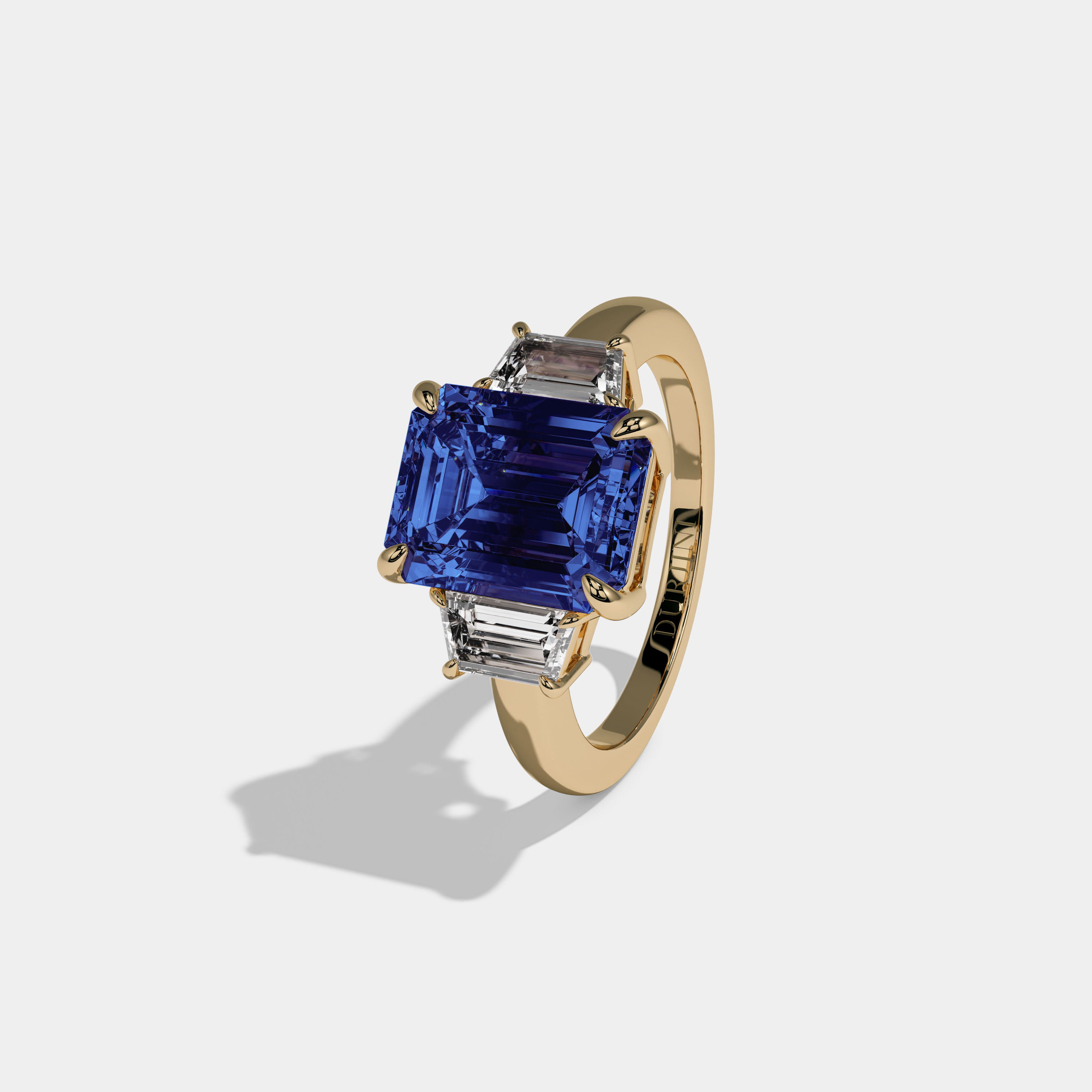 Anne Fancy Dark Blue Emerald Cut Diamond Plain Band With Step Cut Sides Engagement Ring 8ct 18k Yellow Gold