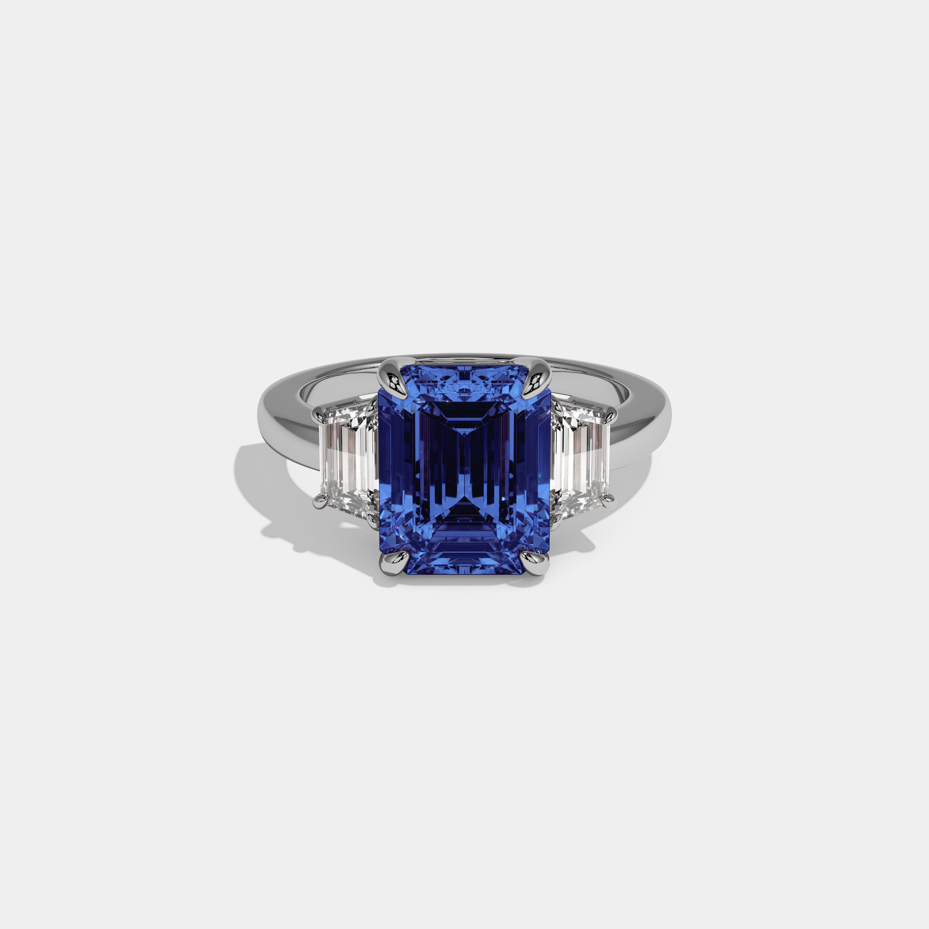 Mary Fancy Dark Blue Emerald Cut Diamond Plain Band With Step Cut Sides Engagement Ring 8ct 18k White Gold